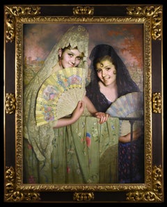 Spanish painting of two elegant women with fans in a party in Granada