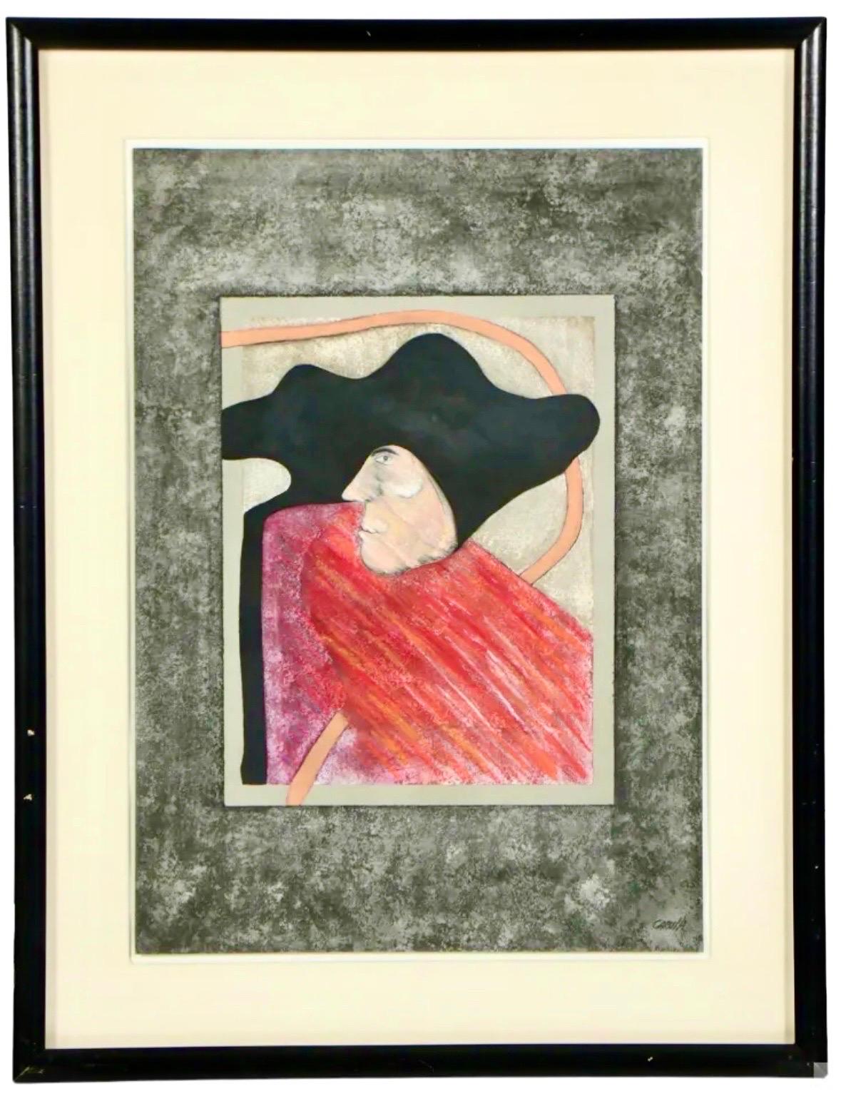 Ramon Antonio Carulla (Cuban, born 1936). 
Artist signature to lower right. Label verso. Retains original JOY MOOS GALLERY label. 
Dimensions: 38.5 X 28 inches.  Paper is 28 X 19.5 inches.
This painting is a mixed media with oil paint, on paper
It