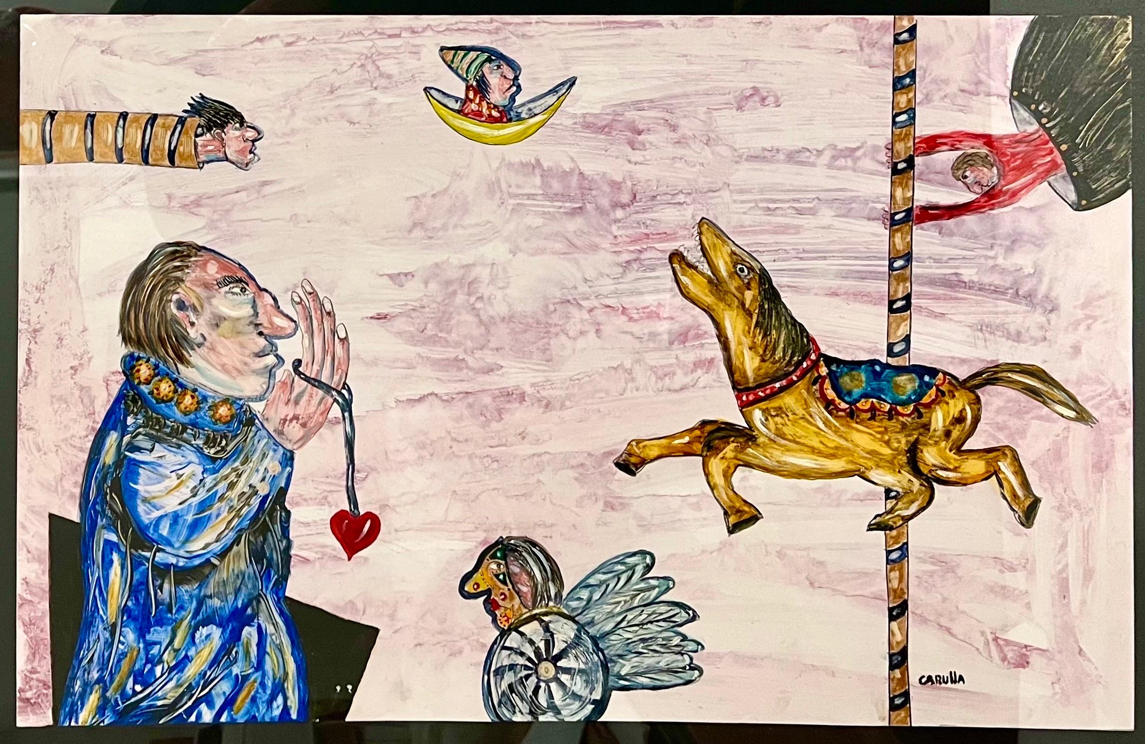 Ramon Antonio Carulla (cubain, né en 1936). 
Peintures à l'huile sur papier. Intitulé "Quand les rêves deviennent réalité" 
Signature de l'artiste en bas à droite. Titre au verso.
Conserve l'étiquette d'origine de la Joy Moos Gallery. La feuille