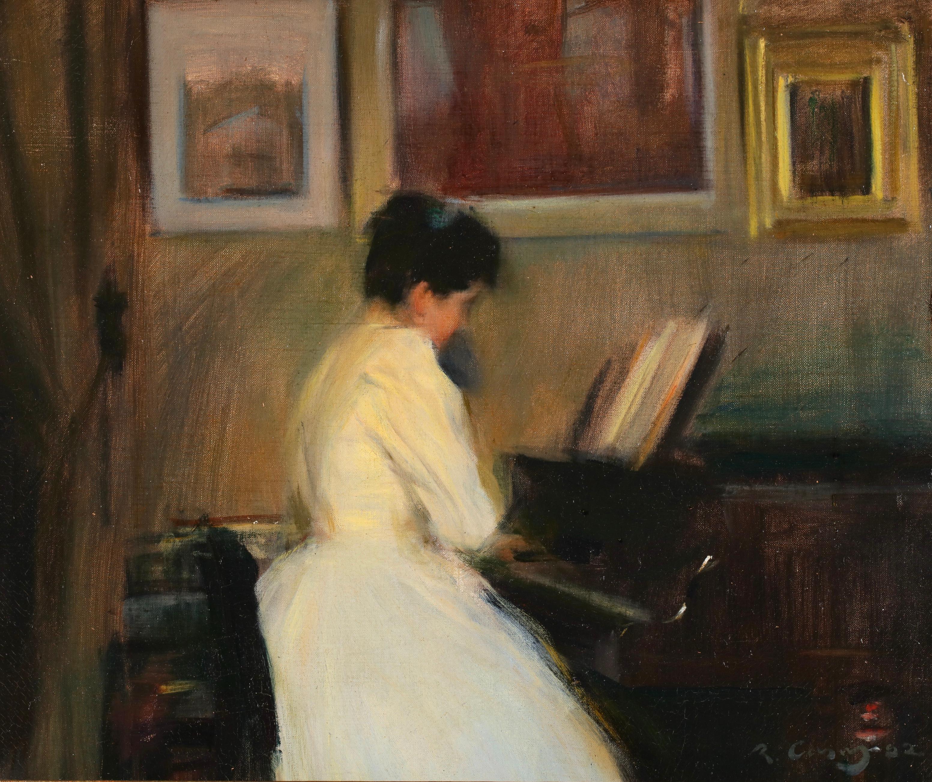 Klavierspiel - Modernistische Figur in Interieur Öl von Ramon Casas y Carbo im Angebot 1