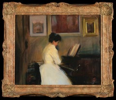 Playing Piano - Modernist Figure in Interior Oil by Ramon Casas y Carbo