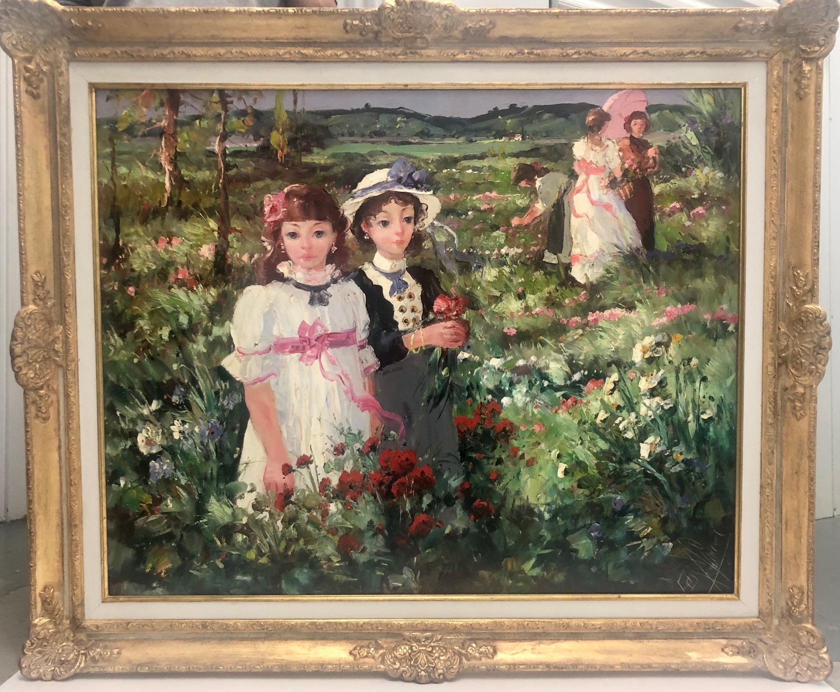 Paisaje con chicas jóvenes en un jardín