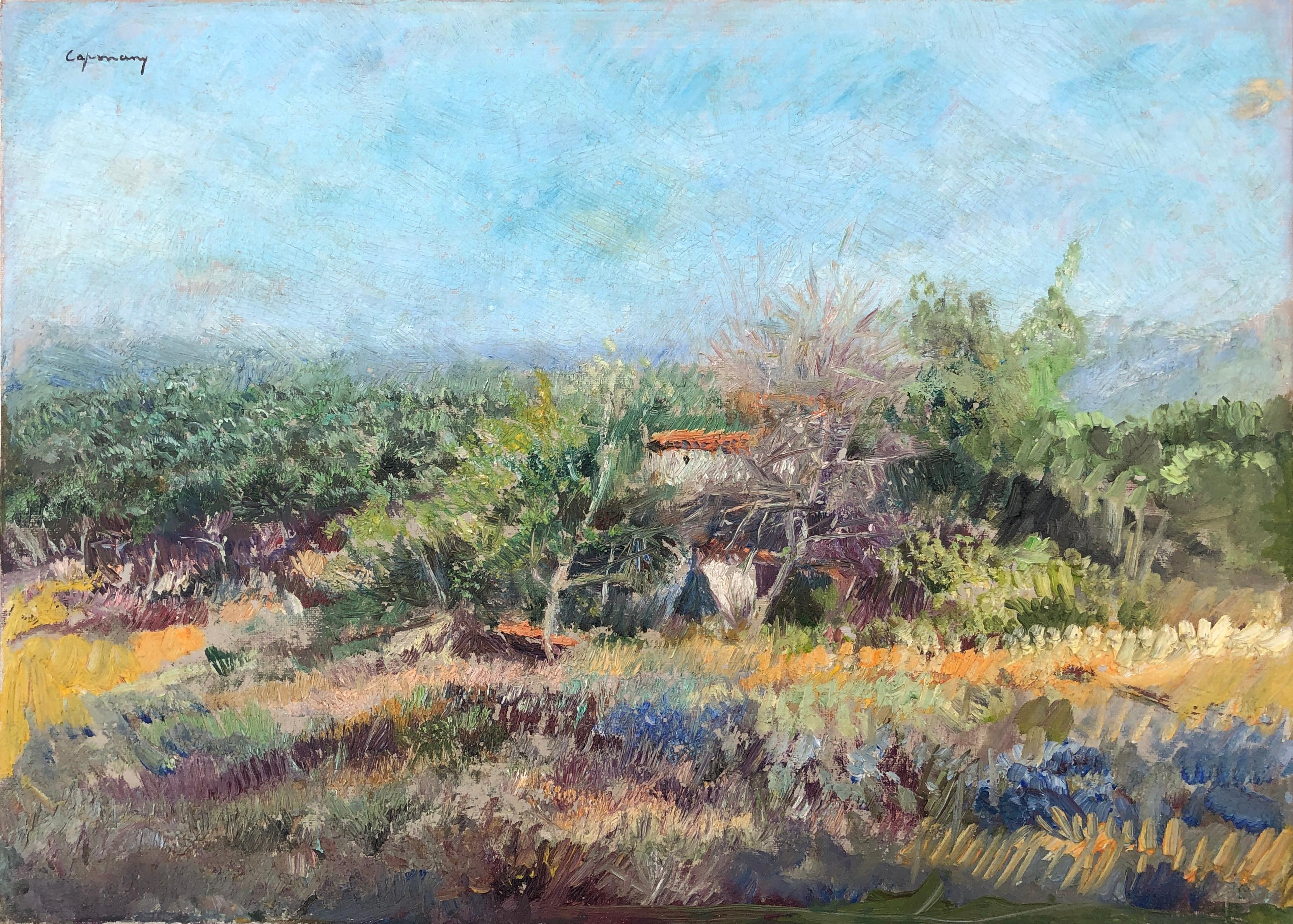Ramón de Capmany i de Montaner Landscape Painting – Landschaft mit Hut, Öl auf Leinwand, Gemälde im mediterranen Raum, spanisch