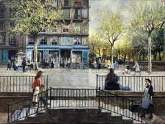 Paris Café Boulevard Street Scene Oil Painting, Catalan Urban Cityscape