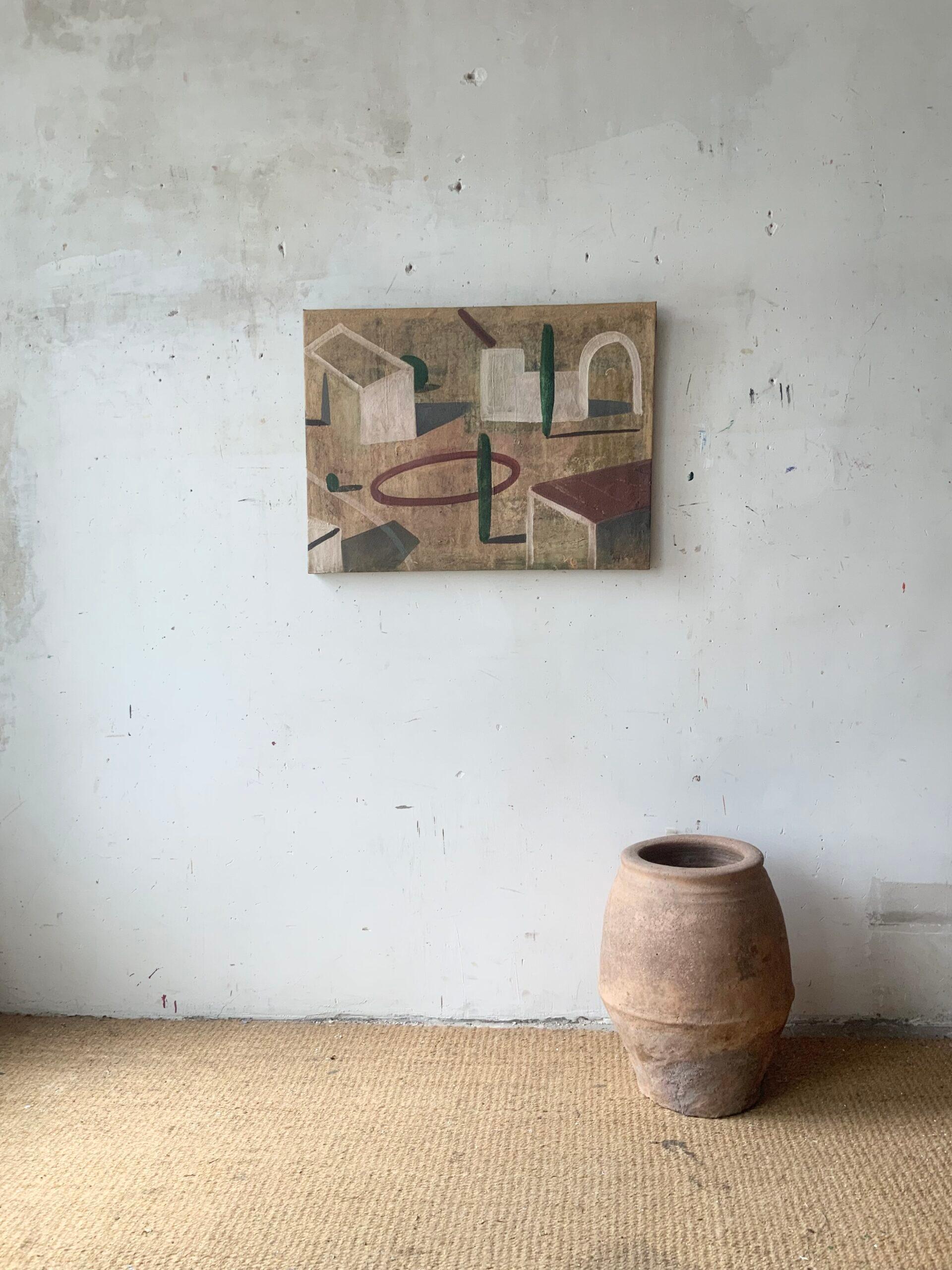 ANALP de Ramon Enrich - Peinture de paysage urbain géométrique, tons terreux, village en vente 1