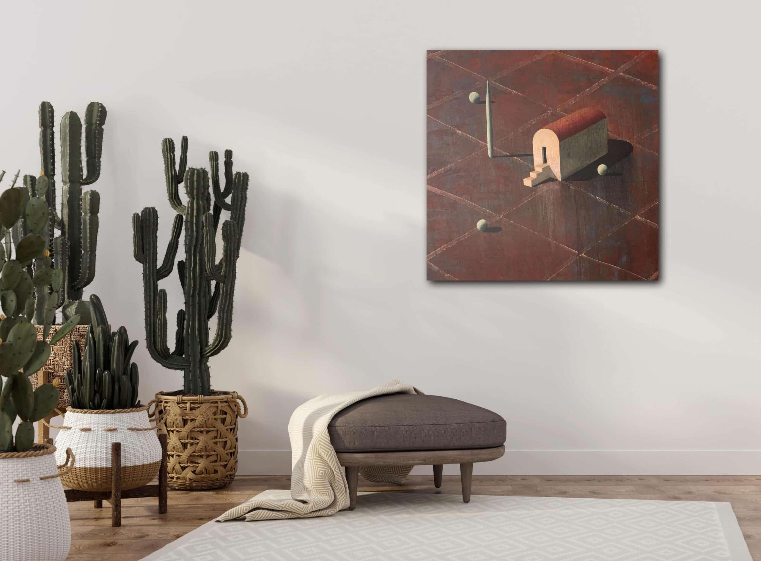 BIOT de Ramon Enrich - peinture de paysage géométrique, tons rouges, architecture en vente 1