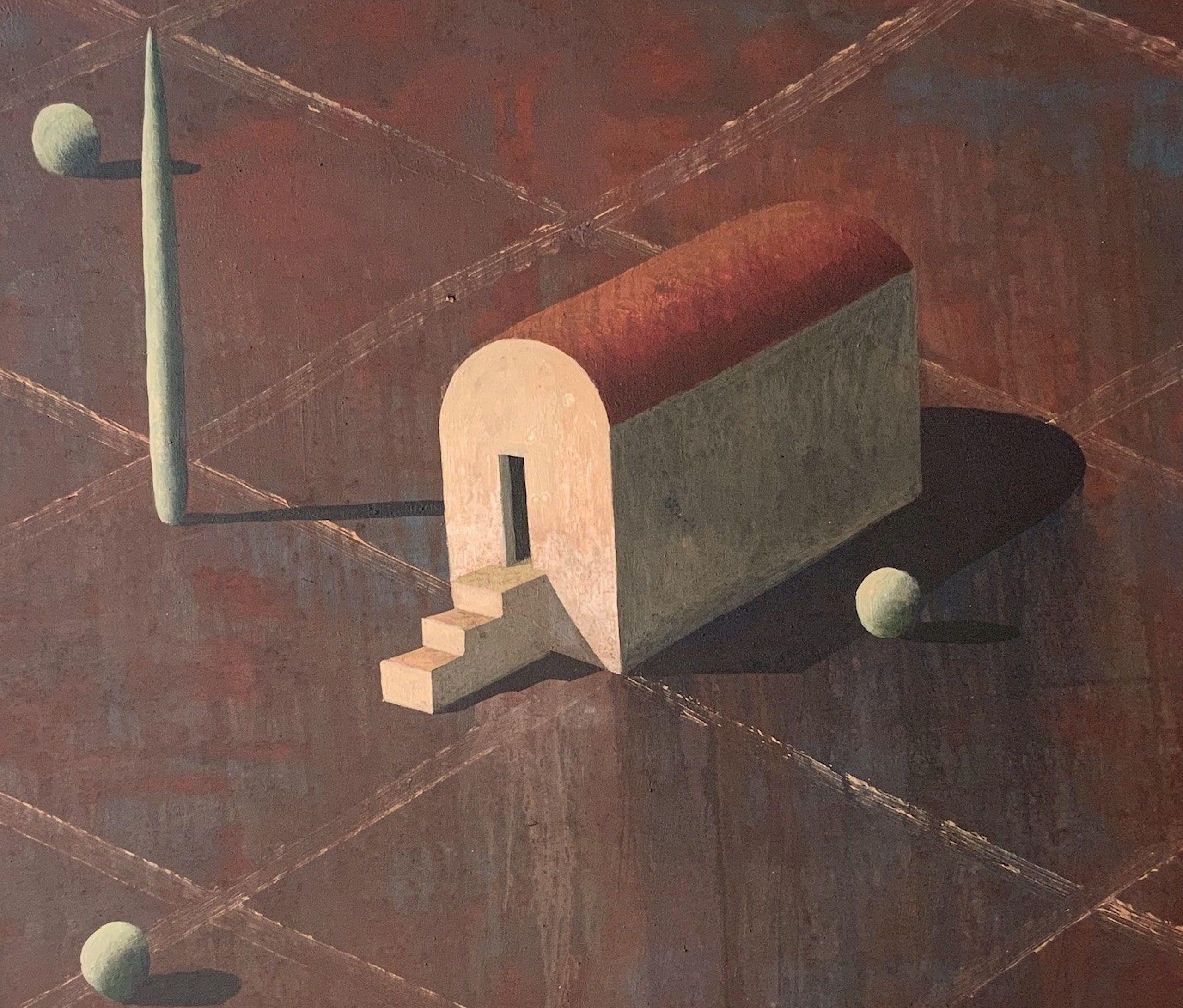 BIOT de Ramon Enrich - peinture de paysage géométrique, tons rouges, architecture en vente 2
