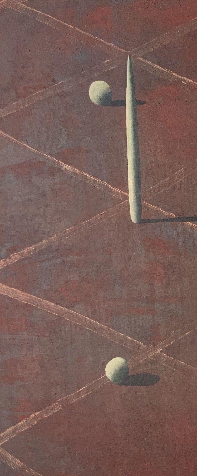 BIOT von Ramon Enrich – Geometrisches Landschaftsgemälde, rote Töne, Architektur im Angebot 3