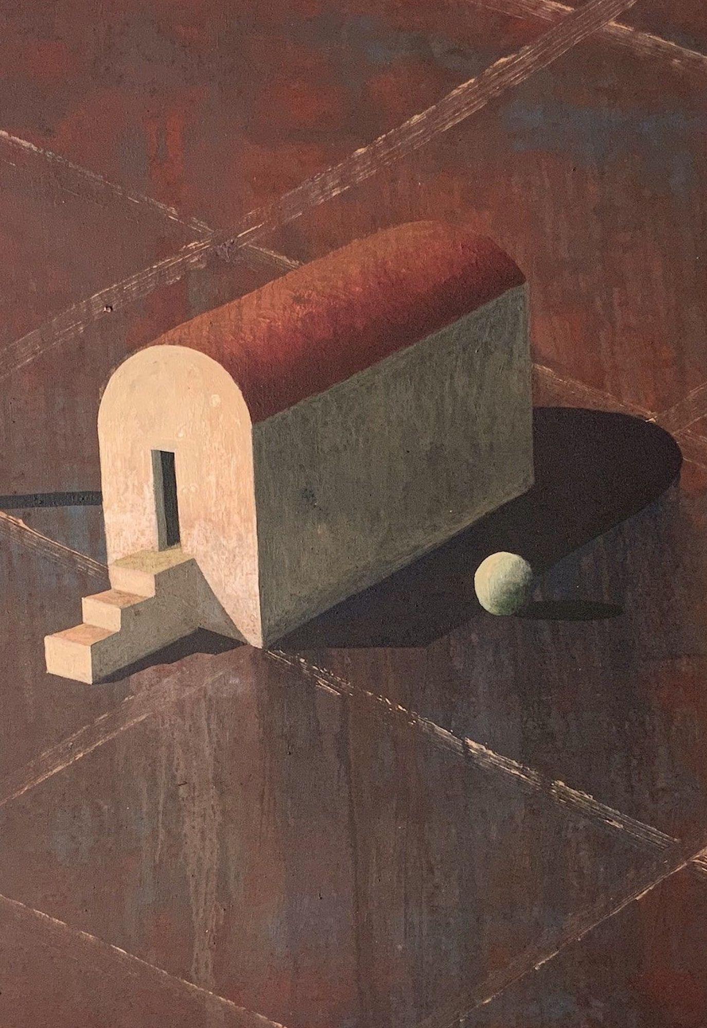 BIOT von Ramon Enrich – Geometrisches Landschaftsgemälde, rote Töne, Architektur im Angebot 4