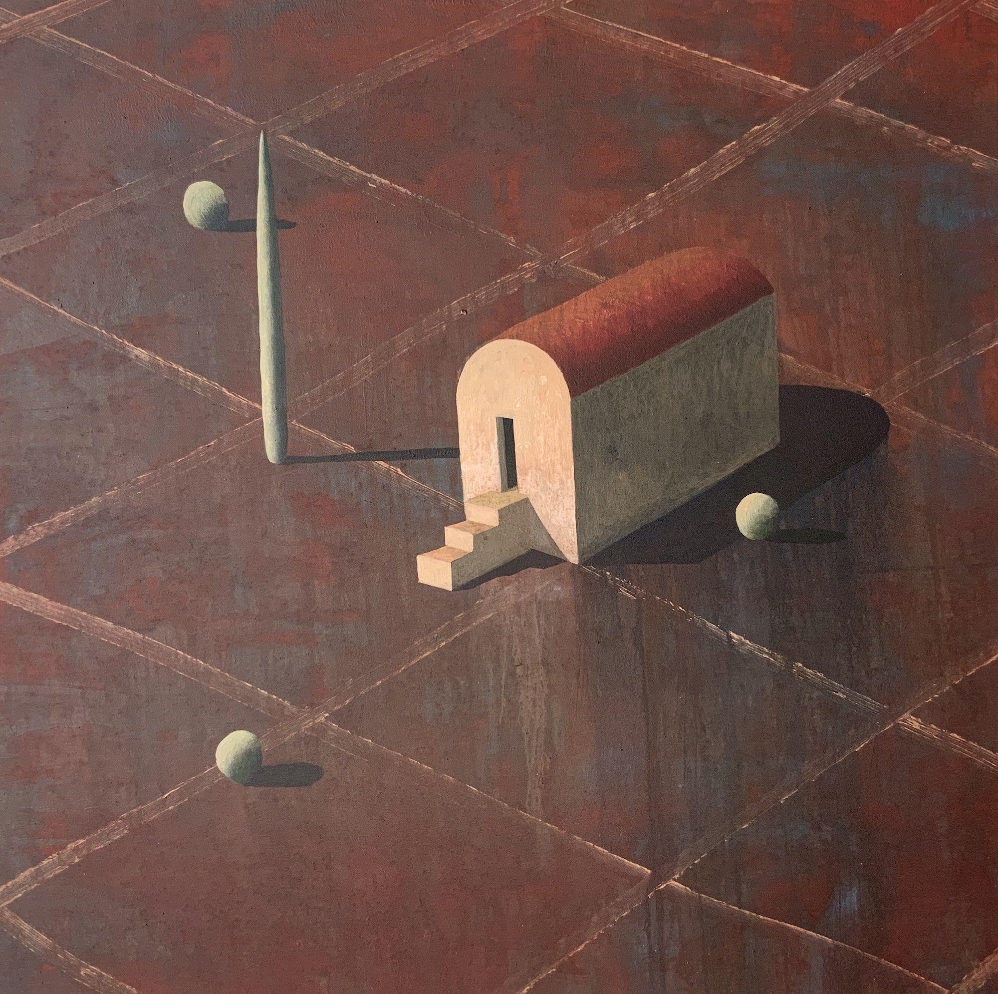 BIOT by Ramon Enrich - Geometric landscape painting, red tones, architecture