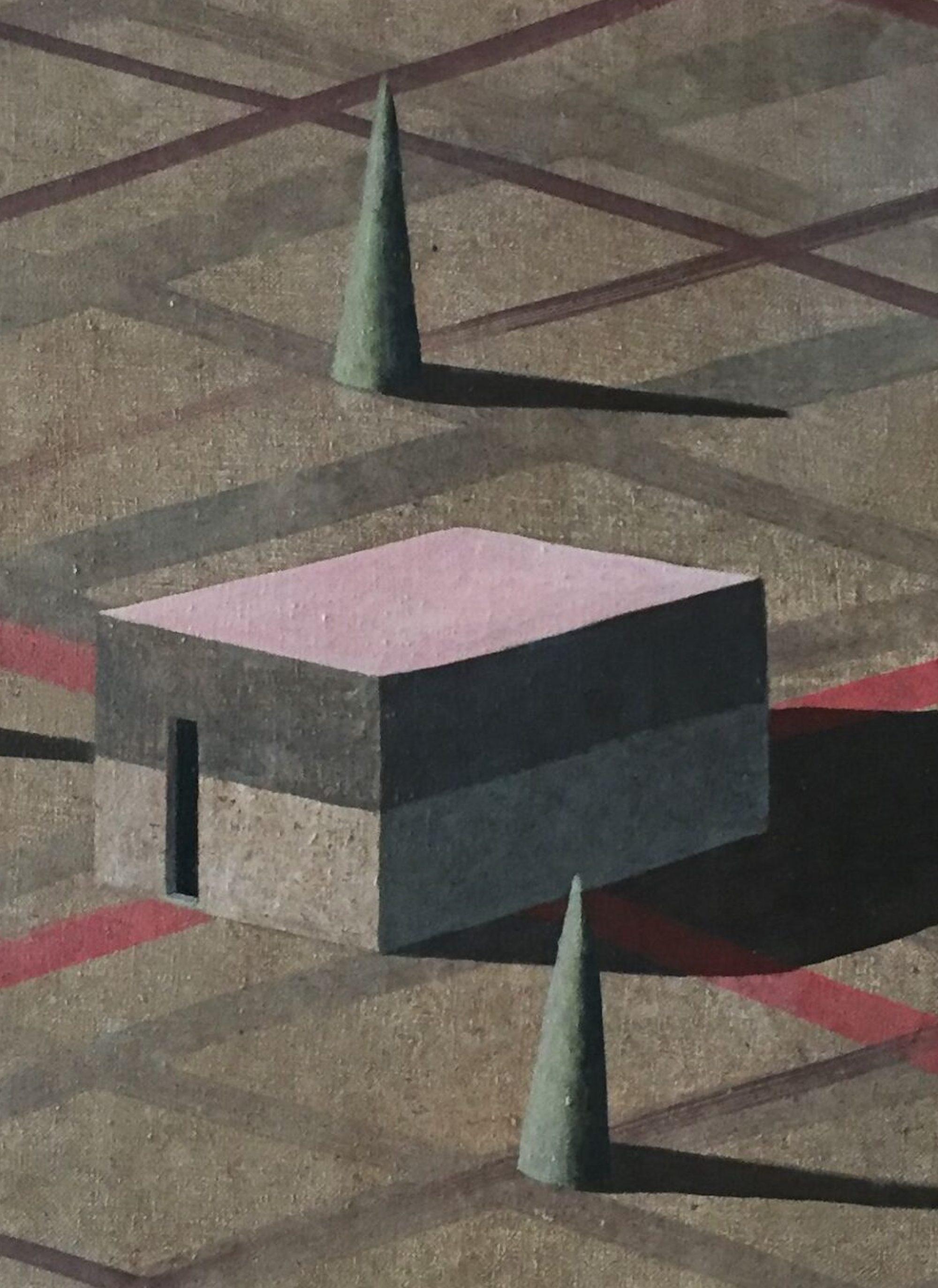 Brow by Ramon Enrich - Geometric landscape painting, brown tones, architecture For Sale 2