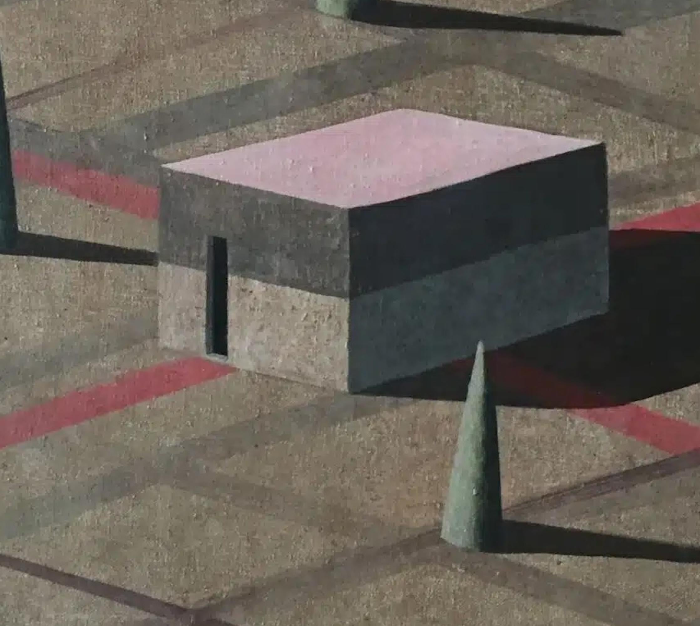 Brow by Ramon Enrich - Geometric landscape painting, brown tones, architecture For Sale 4