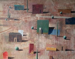 C-Row von Ramon Enrich – Geometrisches Landschaftsgemälde, Acryl auf Leinwand, rosa