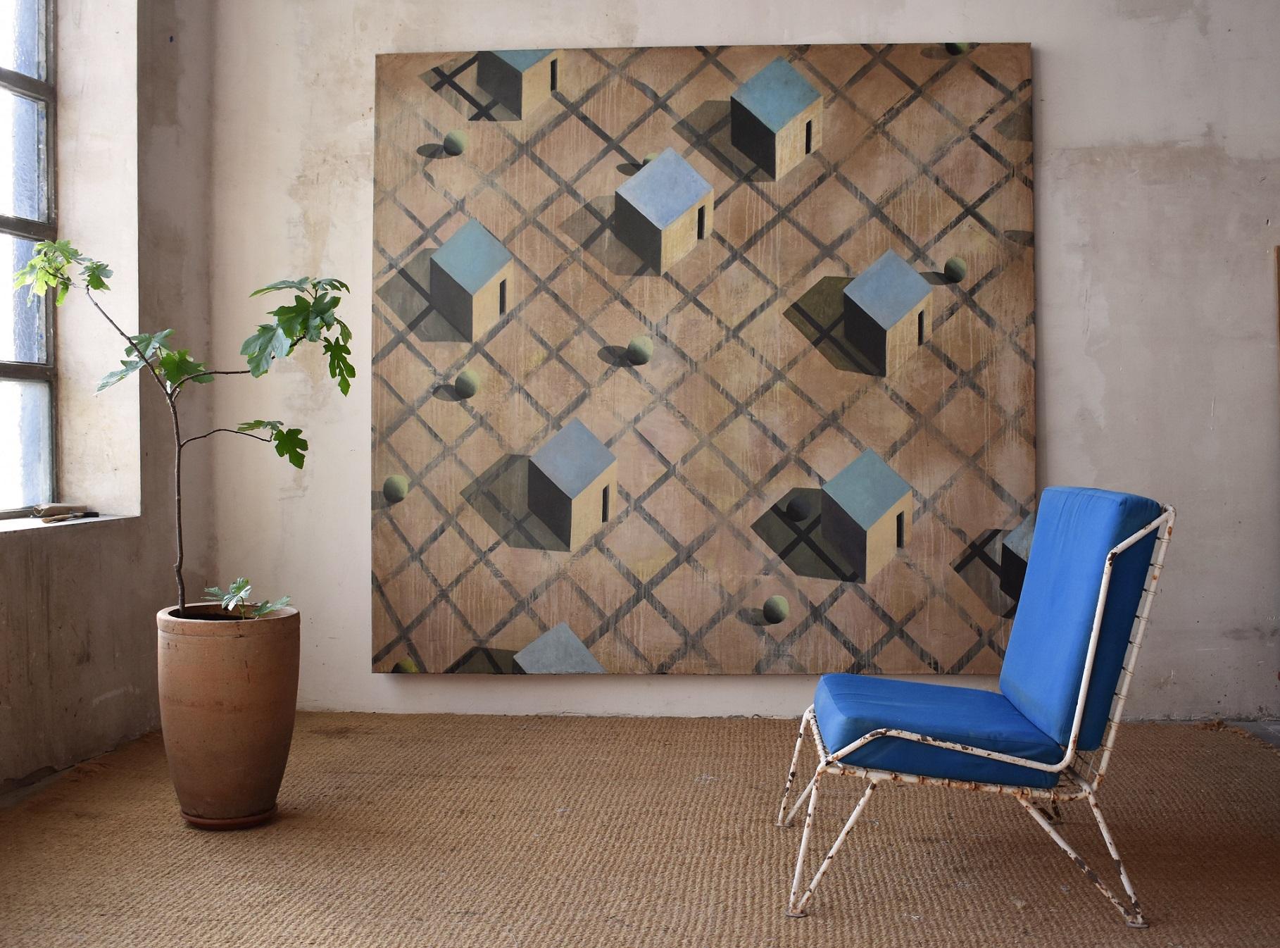 Cainemim by Ramon Enrich - Geometric landscape painting, earth tones, cityscape For Sale 1