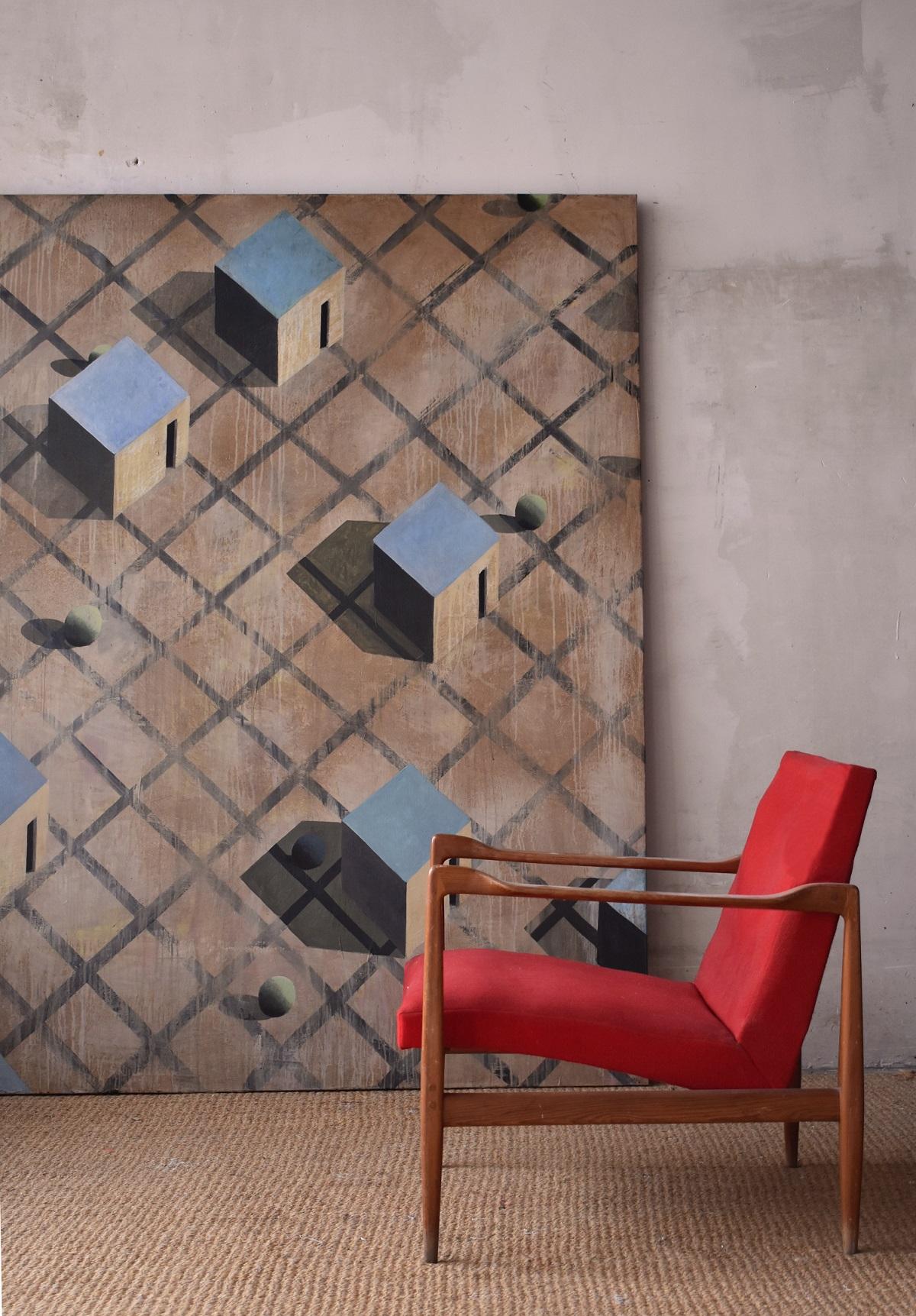 Cainemim by Ramon Enrich - Geometric landscape painting, earth tones, cityscape For Sale 3