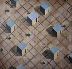 Cainemim di Ramon Enrich - Pittura di paesaggio geometrico, tonalità della terra, paesaggio urbano