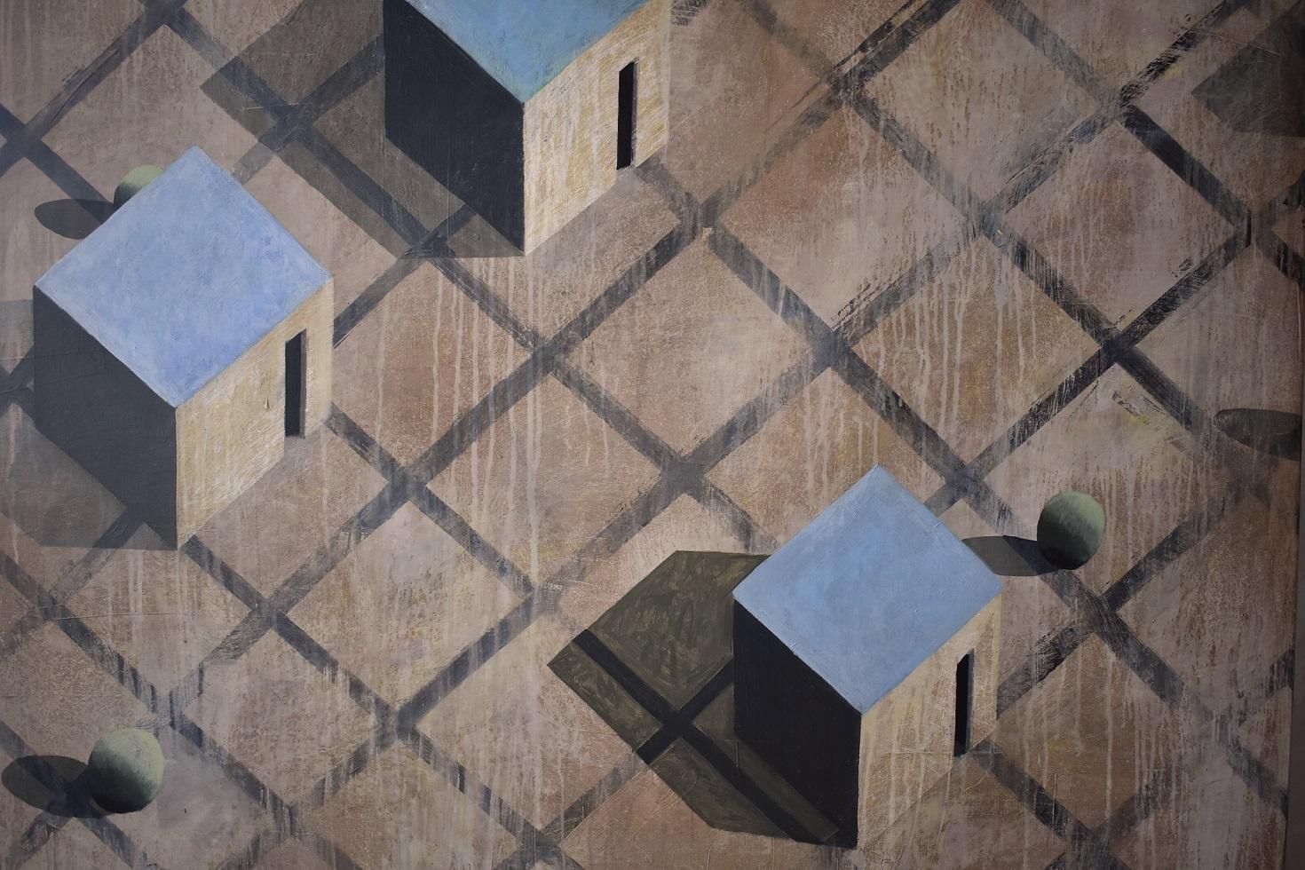 Cainemim par Ramon Enrich - peinture de paysage géométrique, tons terreux en vente 1