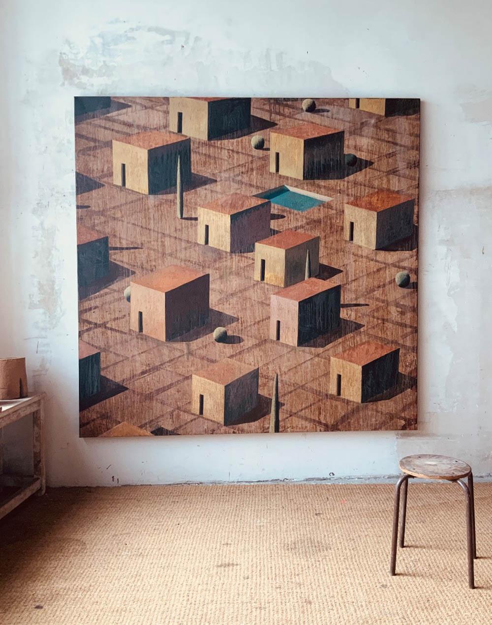 Corvai by Ramon Enrich - Geometric landscape painting, earth tones For Sale 1