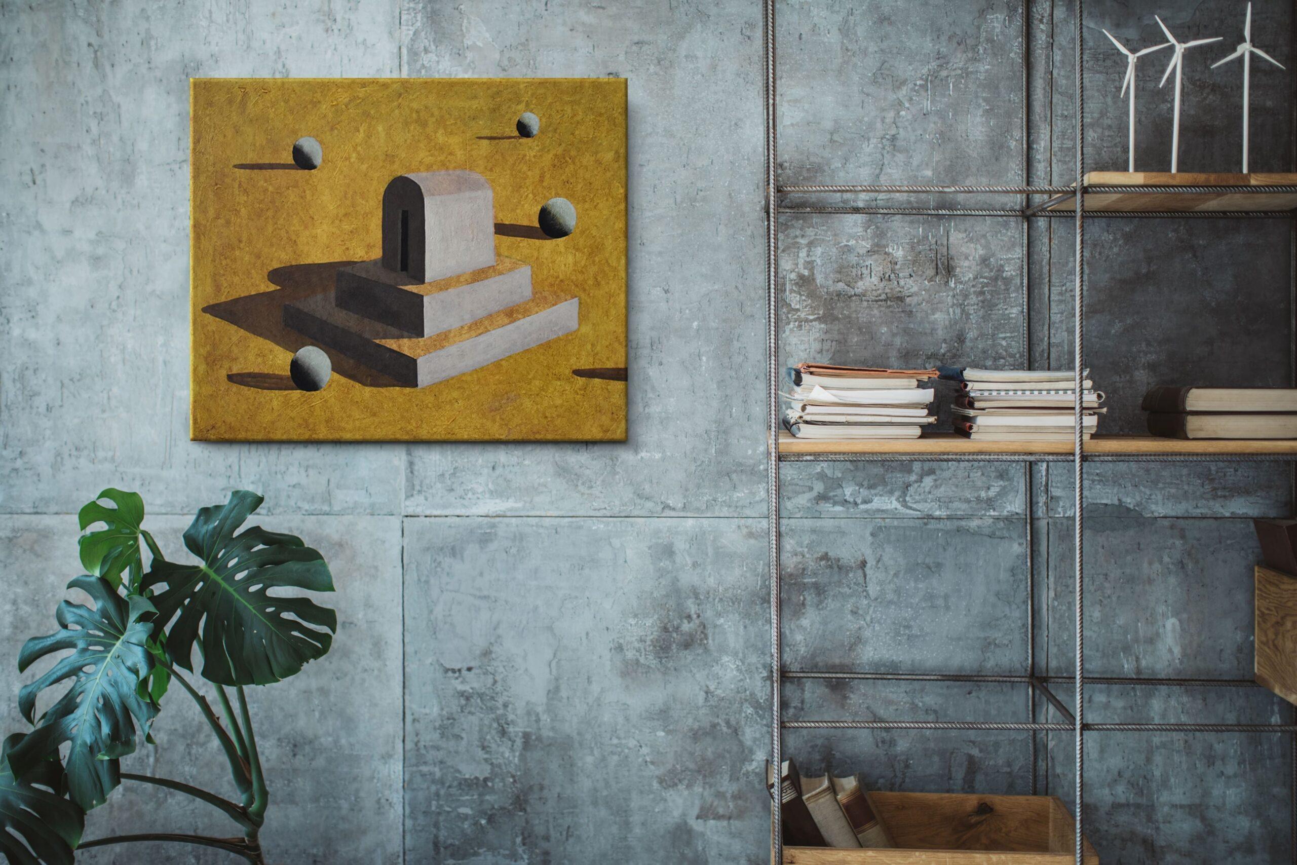 Dar de Ramon Enrich - Peinture de paysage géométrique, acrylique sur toile, jaune en vente 2