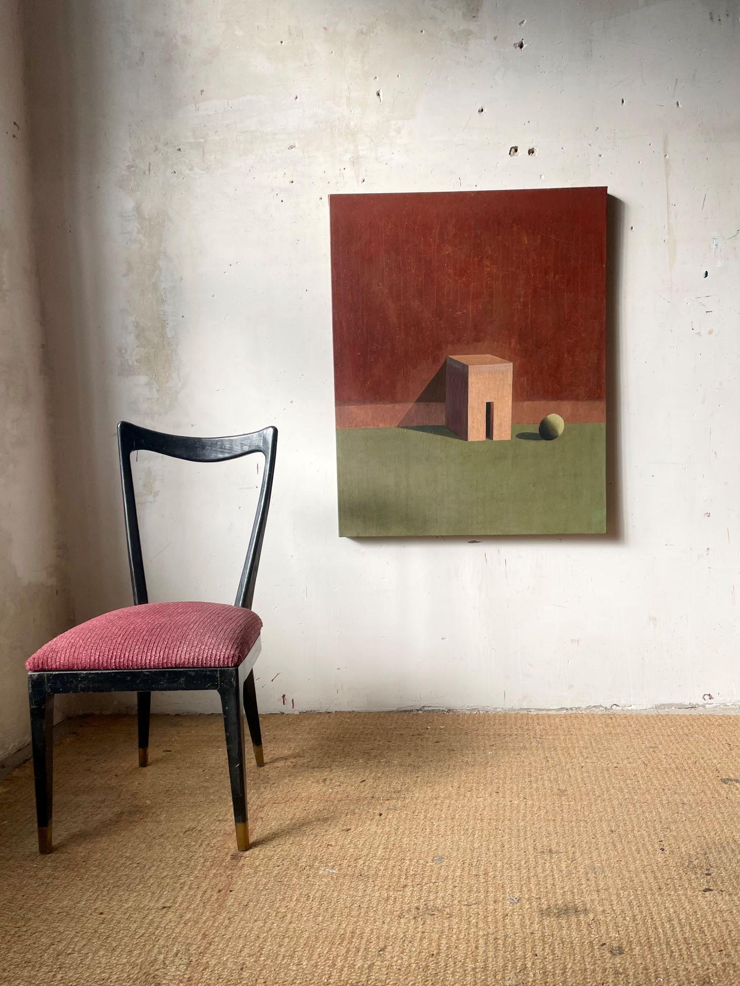 EINT F von Ramon Enrich – Geometrisches urbanes Landschaftsgemälde, rot und grün, Häuser im Angebot 1