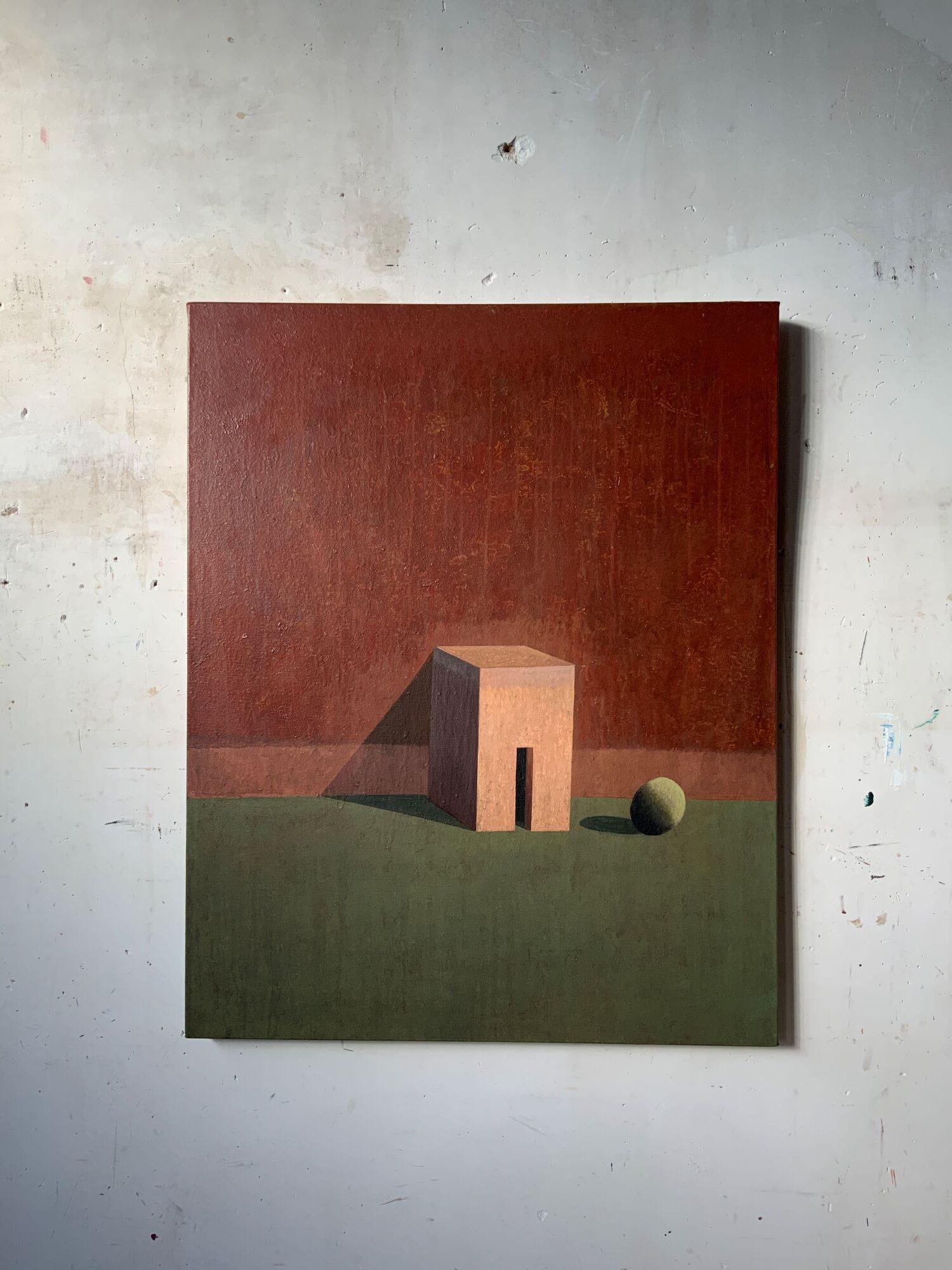 EINT F von Ramon Enrich – Geometrisches urbanes Landschaftsgemälde, rot und grün, Häuser im Angebot 2