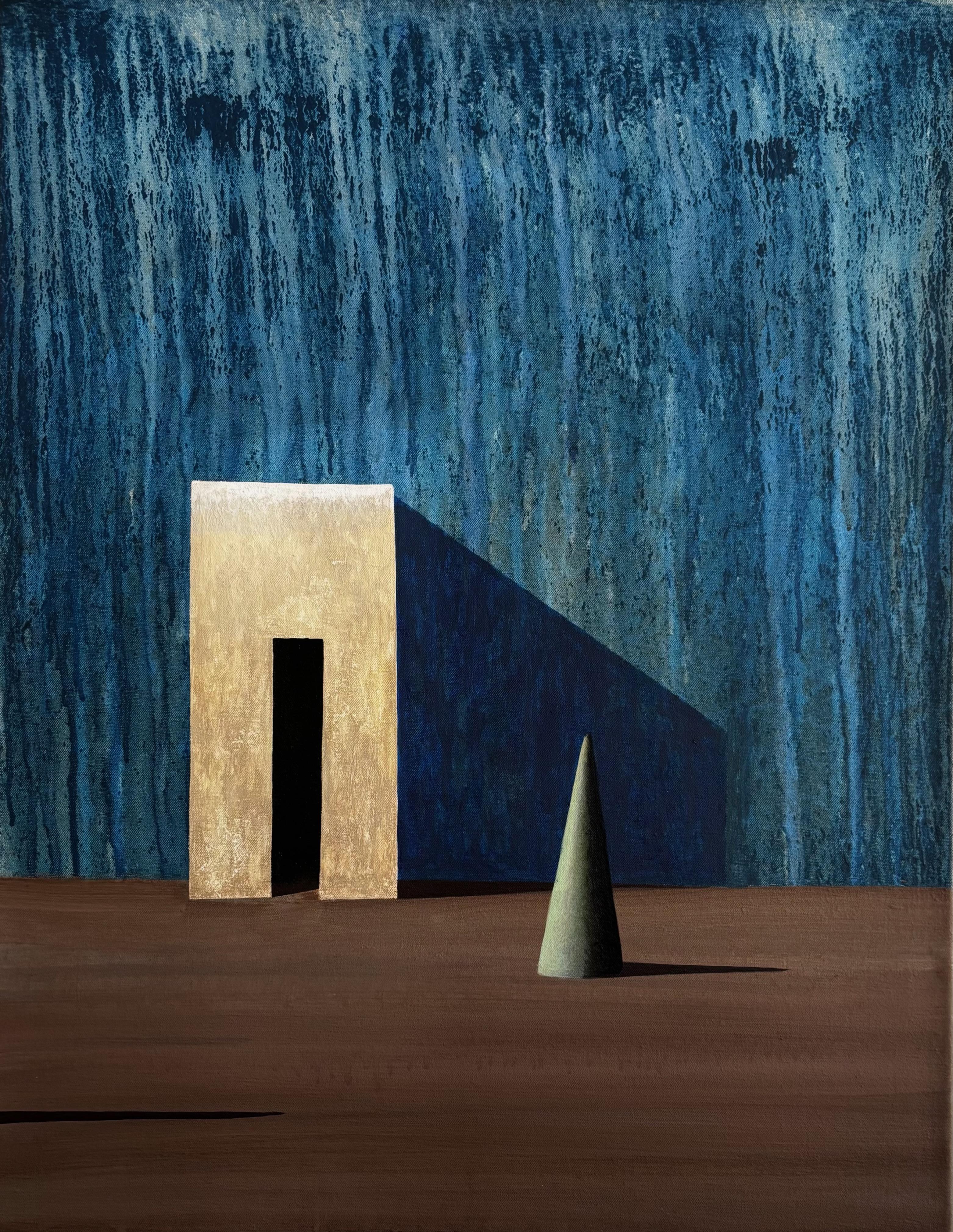 ENTRADA BLAVA is a painting by Spanish contemporary artist Ramon Enrich.
Acrylic on canvas: H 35.4 × L 27.6 inches / H 90 × L 70 cm. Sold unframed. 

This artwork reveals a figurative composition characterized by bold geometric shapes and a