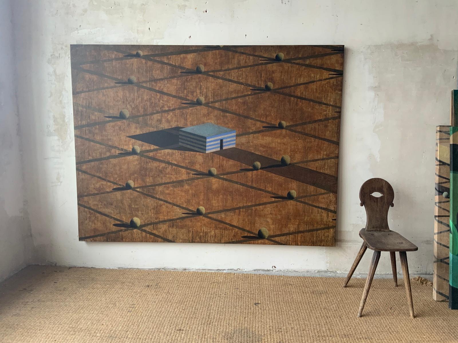 E.S. by Ramon Enrich - Large geometric landscape painting, architecture For Sale 2