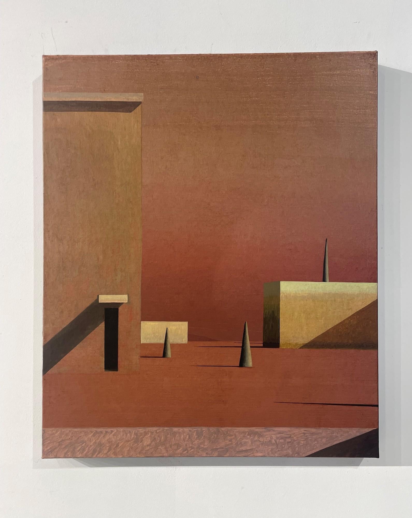 Igoleu by Ramon Enrich - Contemporary landscape painting, architecture, red For Sale 2