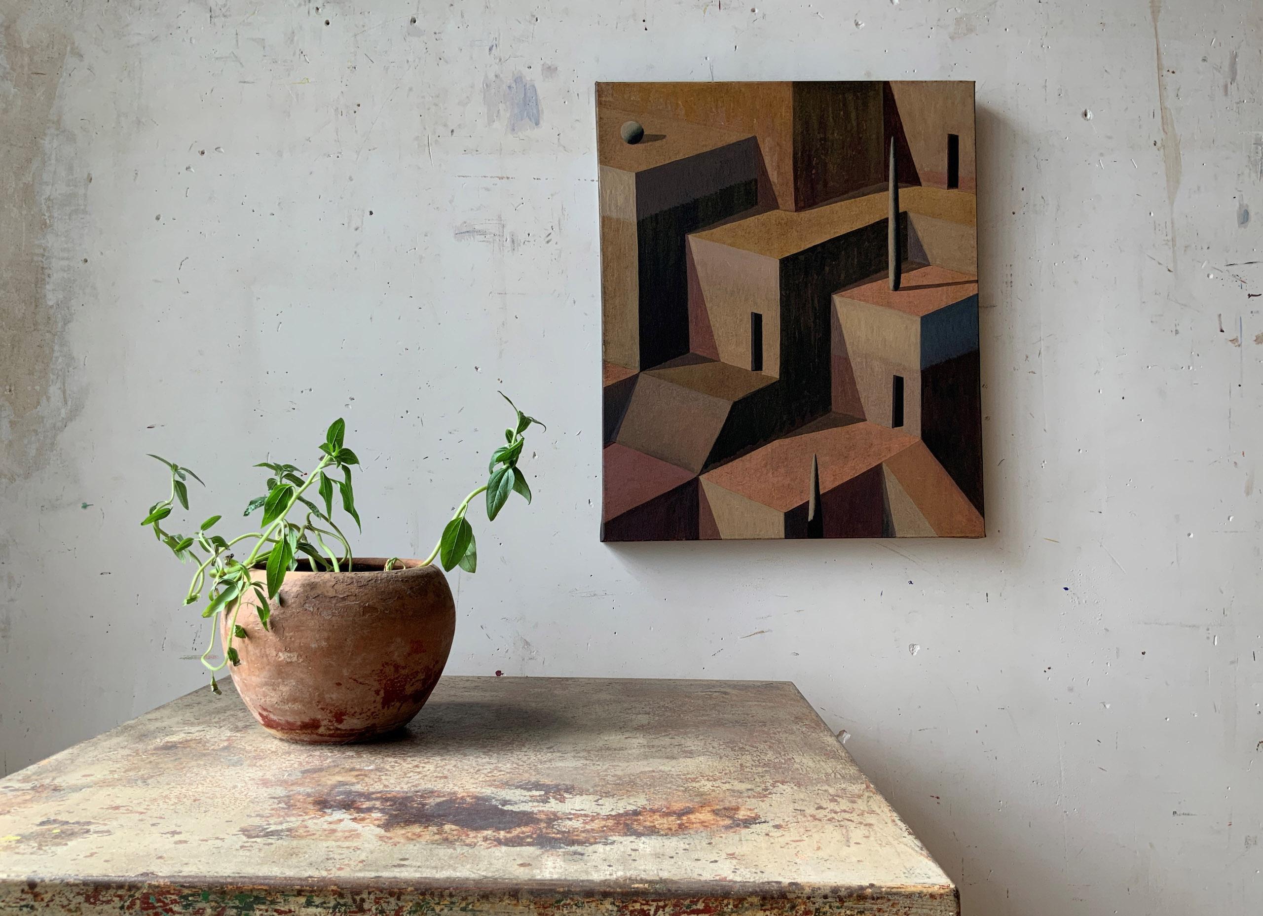 LAB-P by Ramon Enrich - Geometric landscape painting, architecture, warm tones For Sale 1