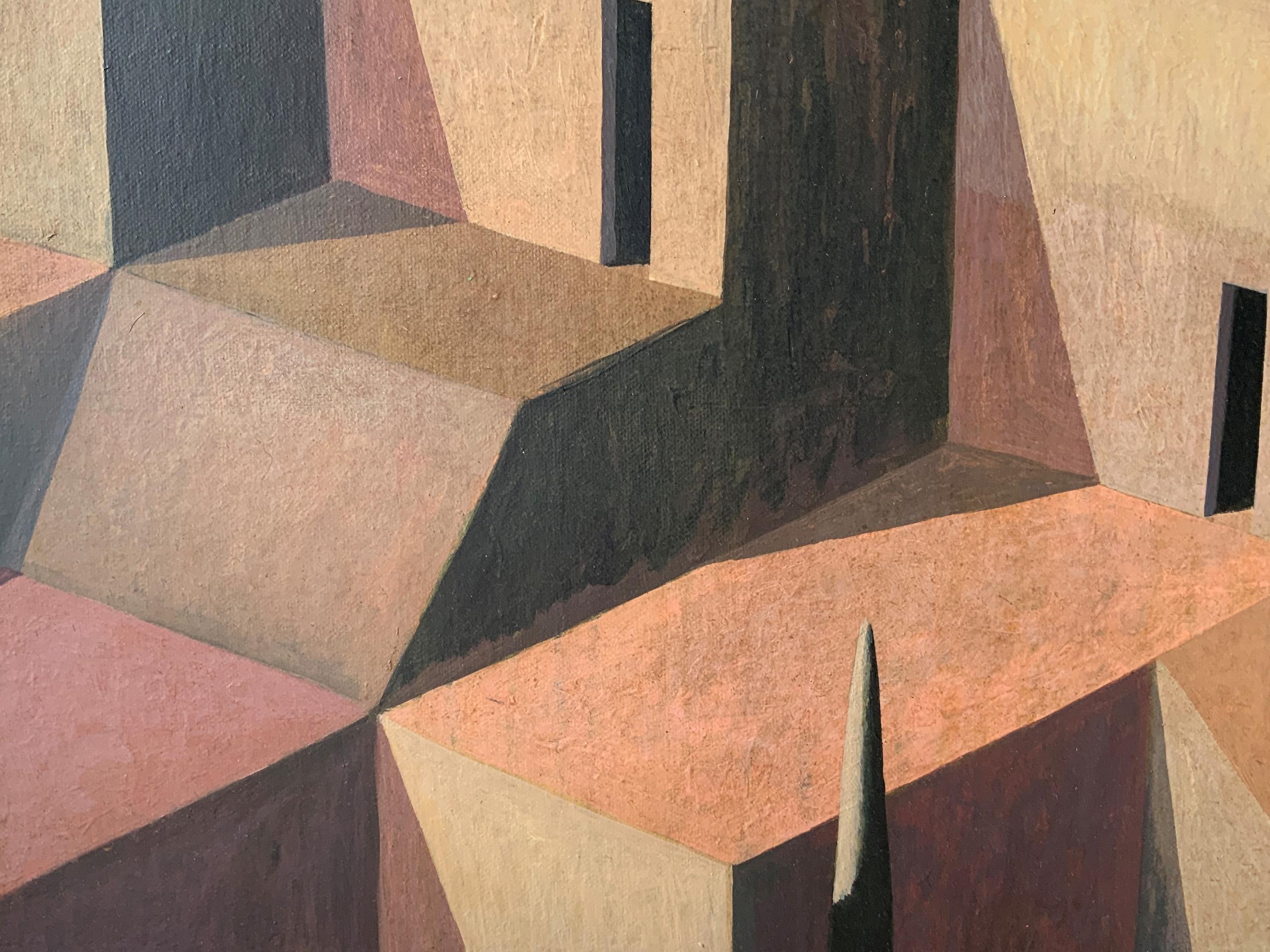 LAB-P by Ramon Enrich - Geometric landscape painting, architecture, warm tones For Sale 3