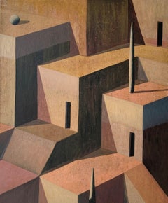 Antique LAB-P by Ramon Enrich - Geometric landscape painting, architecture, warm tones