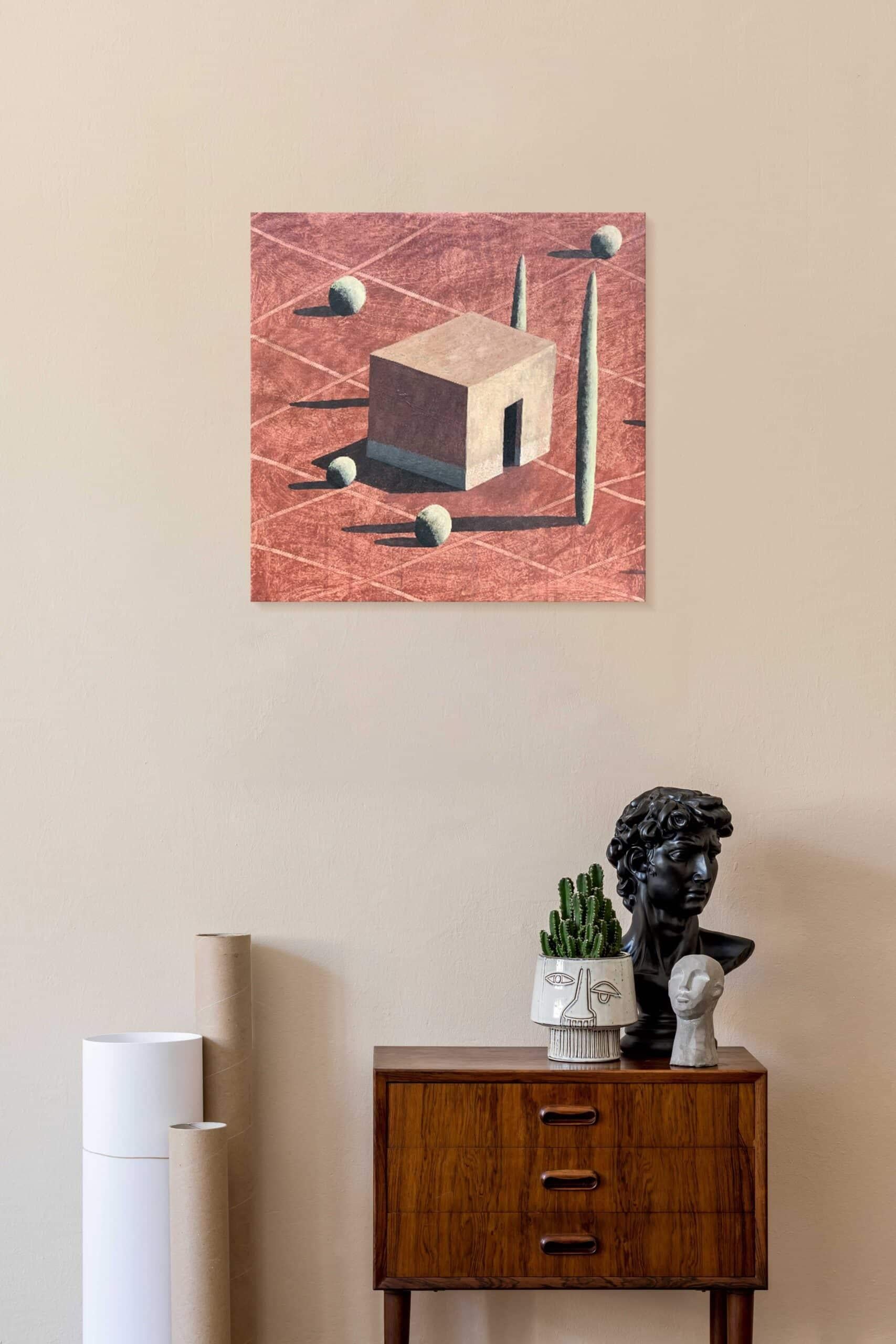 LAF-3 von Ramon Enrich – Geometrisches Landschaftsgemälde, Acryl auf Leinwand, rosa im Angebot 1