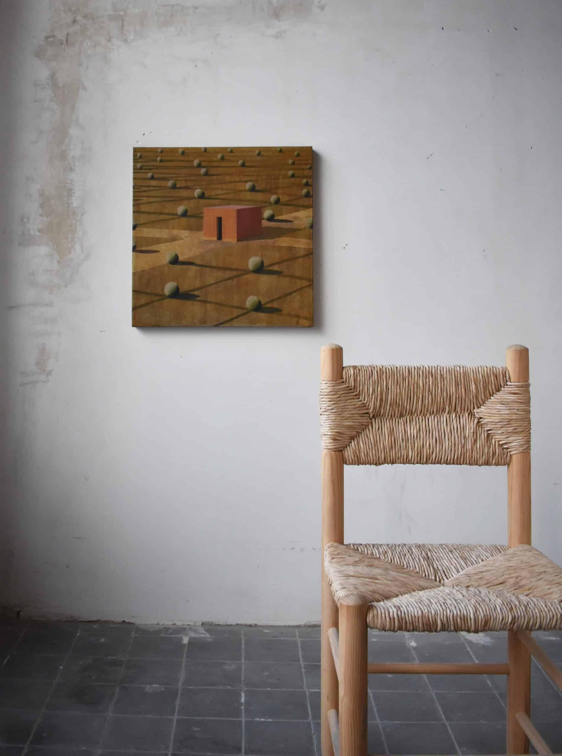 Olan by Ramon Enrich - Geometric urban landscape painting, brown, architecture For Sale 1