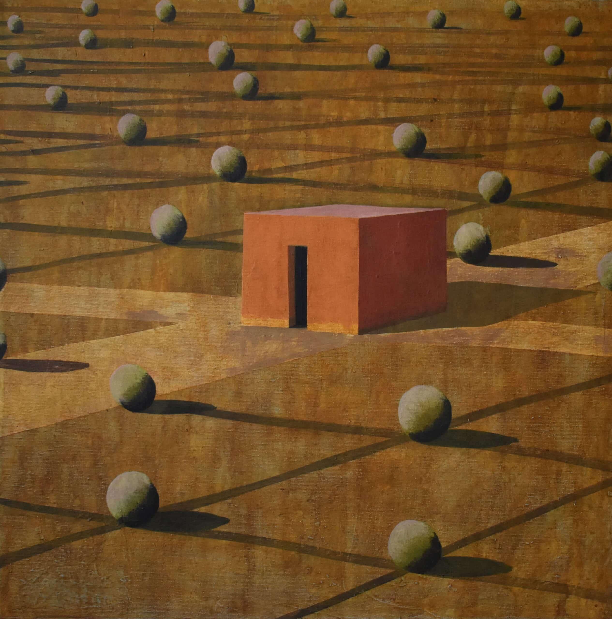 Olan by Ramon Enrich - Geometric urban landscape painting, brown, architecture