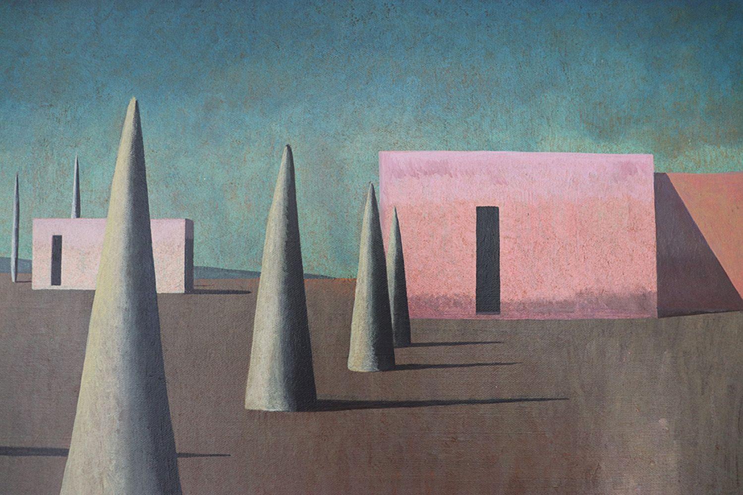 PA-EN by Spanish contemporary artist Ramon Enrich. 
Acrylic on canvas, 40 cm x 60 cm.

In these paintings, the artist establishes a conversation between architecture and landscape in a figurative work boasting geometric shapes and an enigmatic