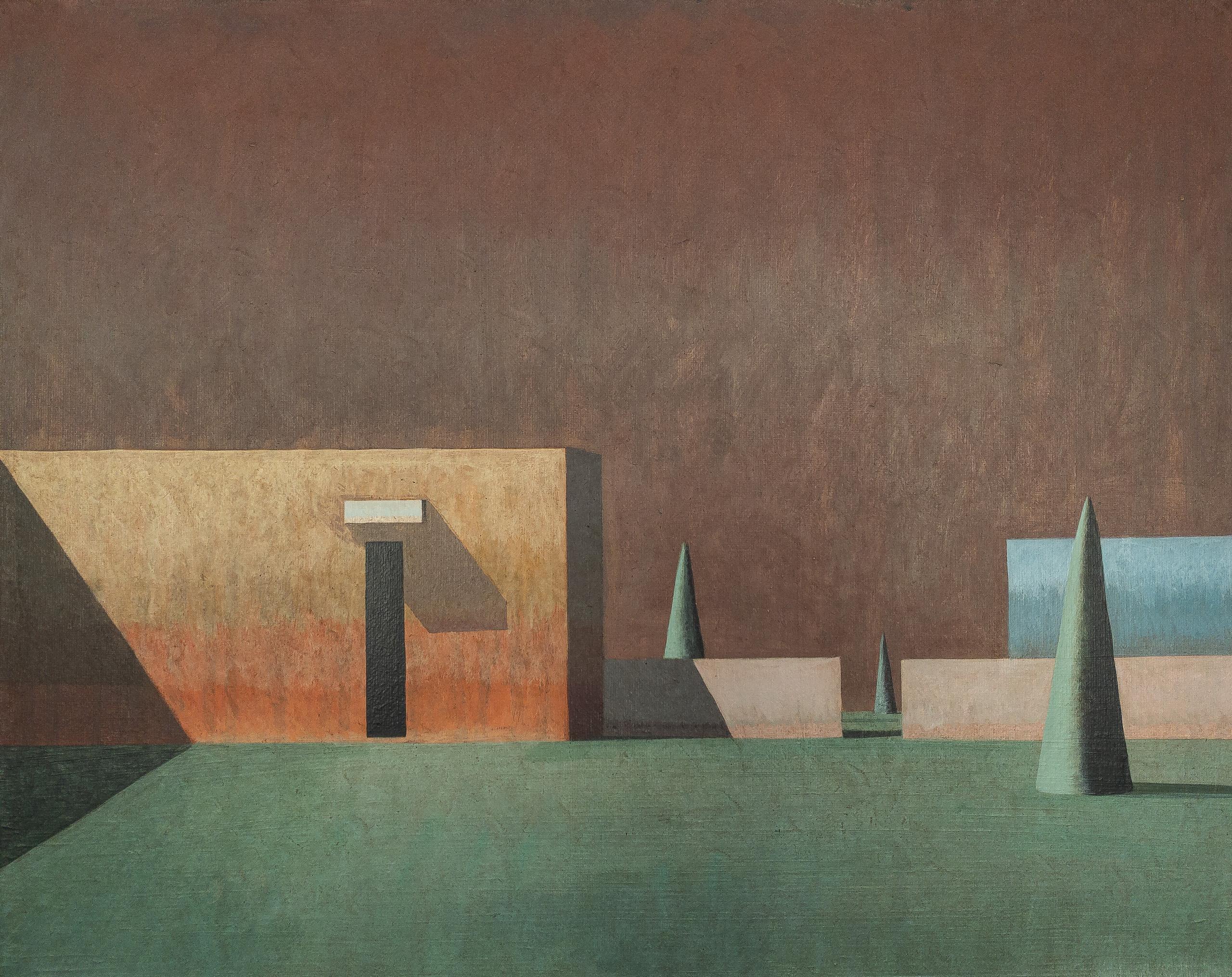 PAS by Spanish contemporary artist Ramon Enrich. 
Acrylic on canvas, 40 cm x 50 cm.

In these paintings, the artist establishes a conversation between architecture and landscape in a figurative work boasting geometric shapes and an enigmatic