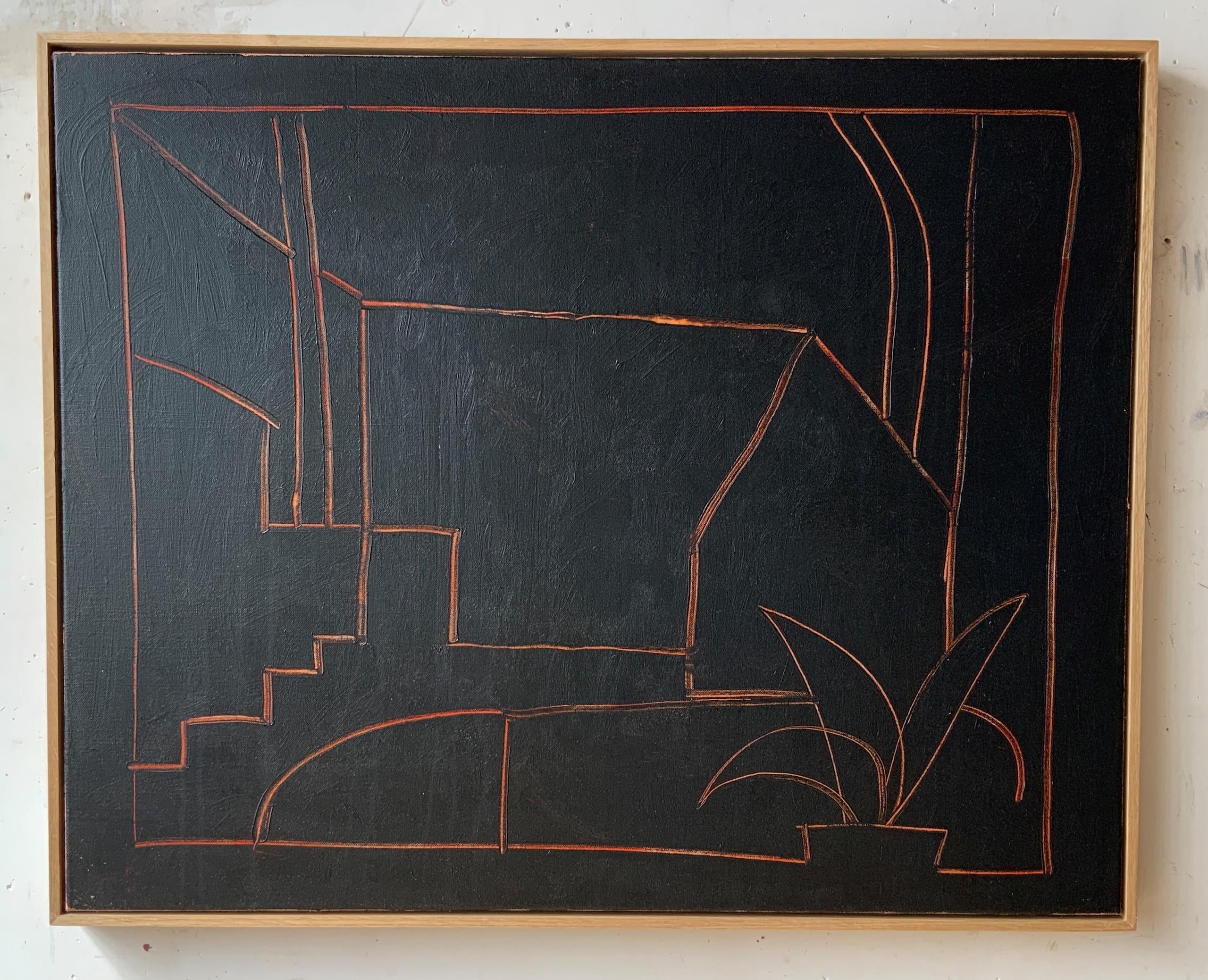 POMERIGGIO by Ramon Enrich - Geometric landscape painting, architecture, black For Sale 1