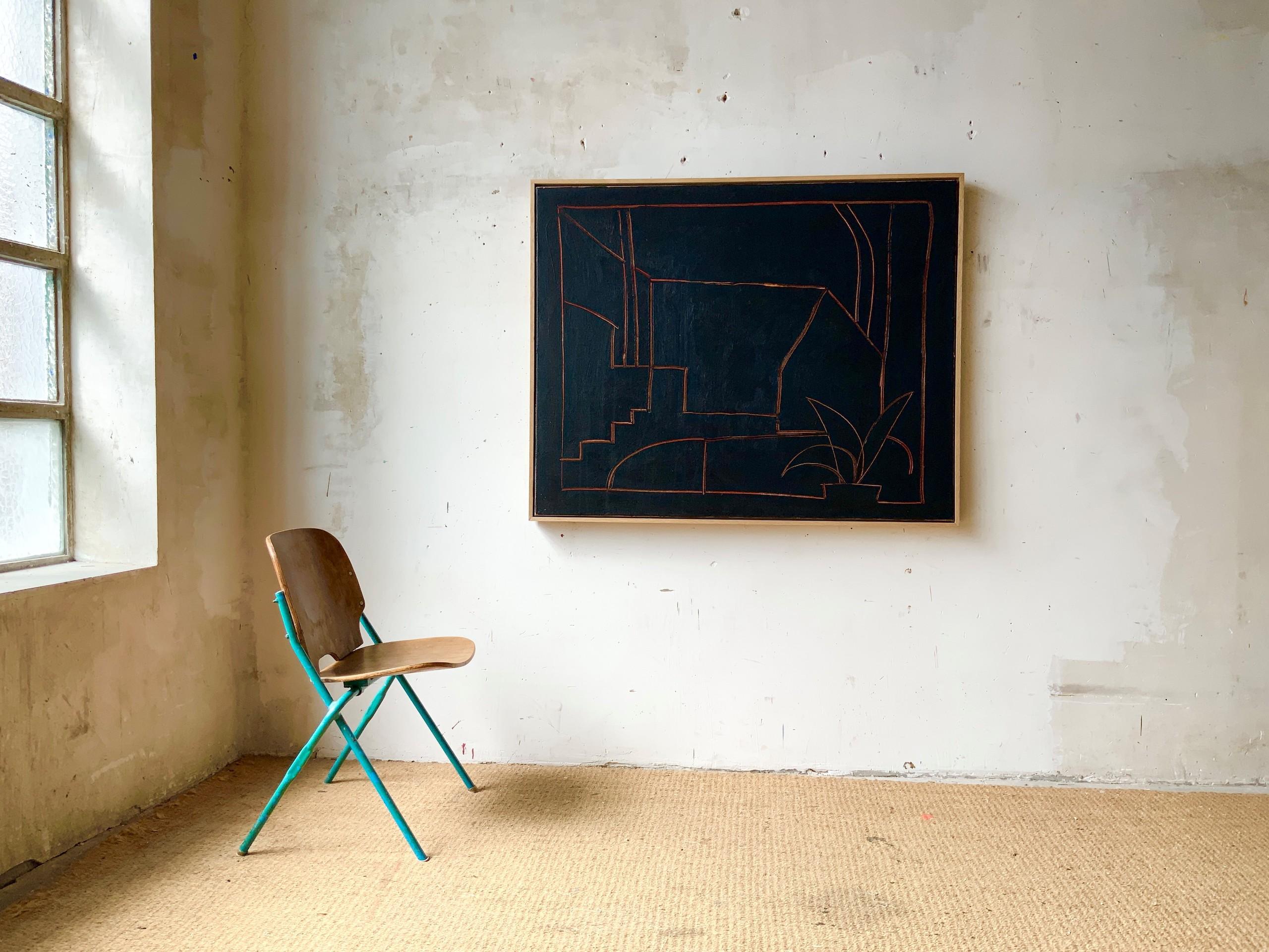 POMERIGGIO by Ramon Enrich - Geometric landscape painting, architecture, black For Sale 2