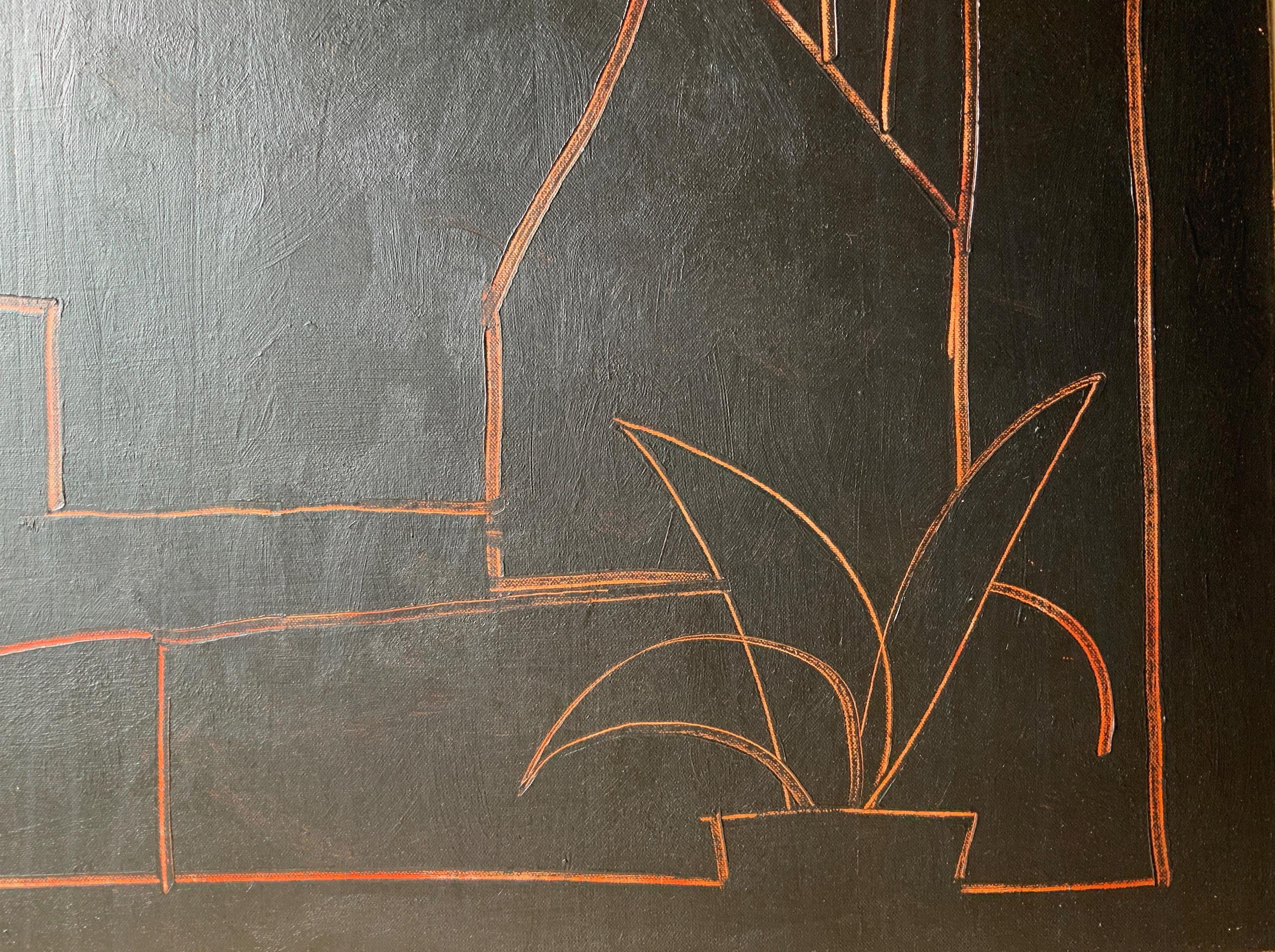 POMERIGGIO by Ramon Enrich - Geometric landscape painting, architecture, black For Sale 3