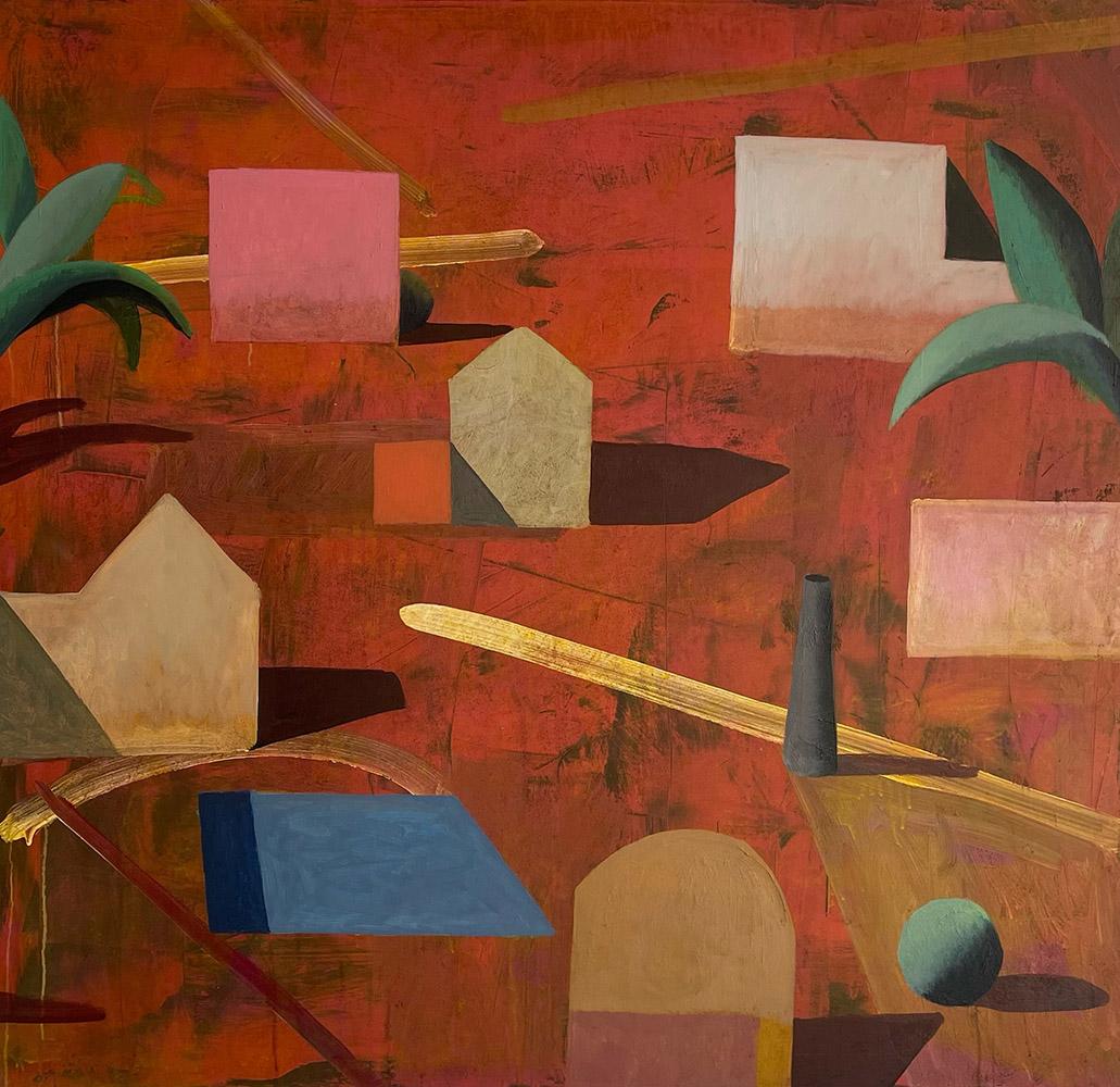 RED VILLAGE est une peinture acrylique sur toile unique de l'artiste contemporain Ramon Enrich, dont les dimensions sont de 116 × 112 cm (45.7 × 44.1 in). 
L'œuvre est signée, vendue non encadrée et accompagnée d'un certificat d'authenticité.