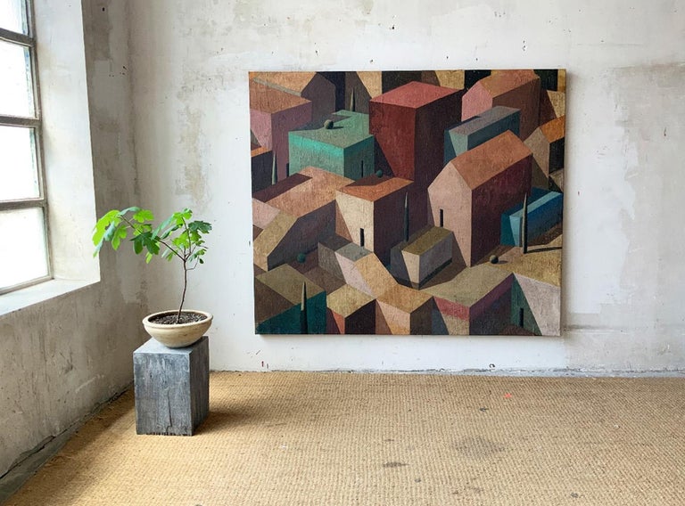 RINT III by Ramon Enrich - geometric urban landscape painting, earth tones For Sale 4