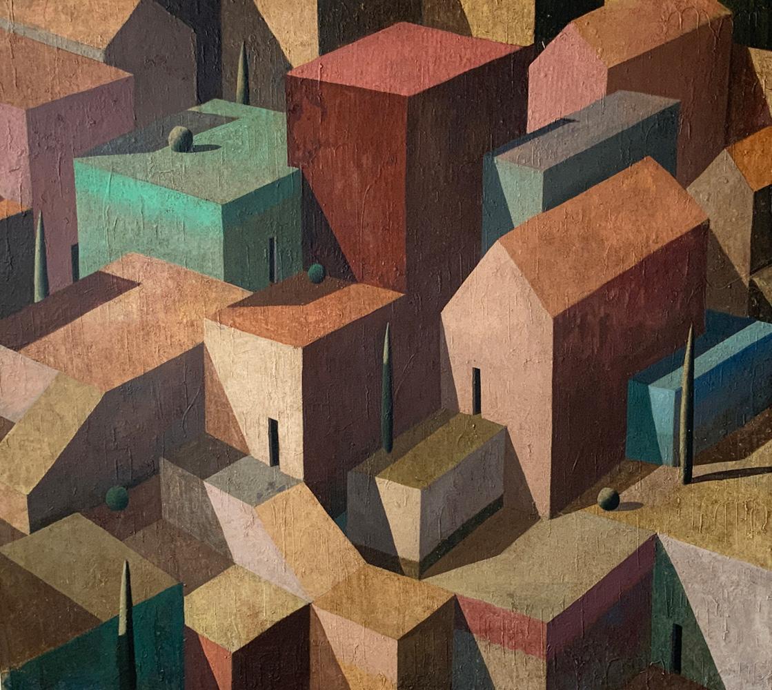 RINT III by Ramon Enrich - geometric urban landscape painting, earth tones