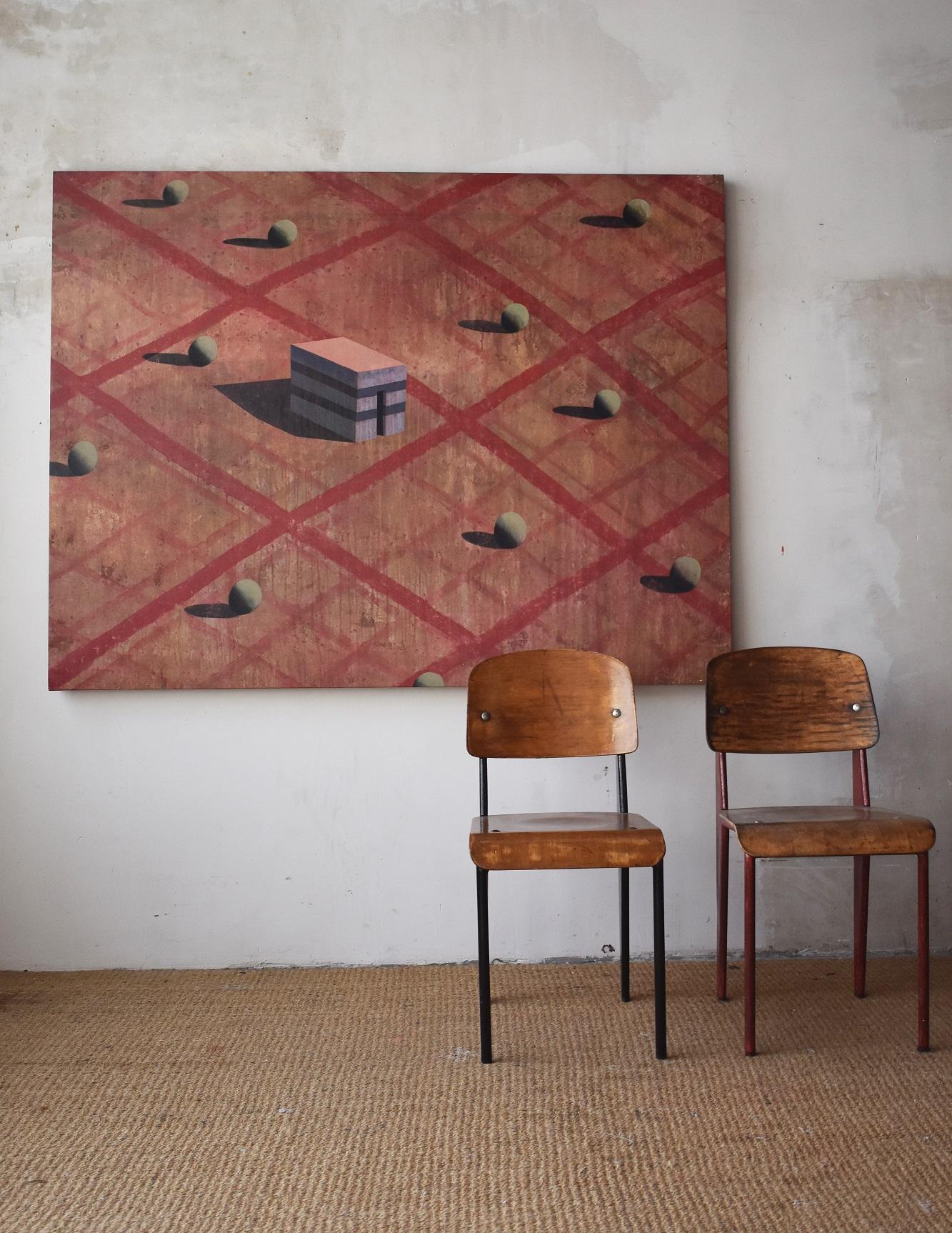 RUV de Ramon Enrich - Pintura geométrica de paisaje, tonos rojos, paisaje urbano, sombra en venta 1