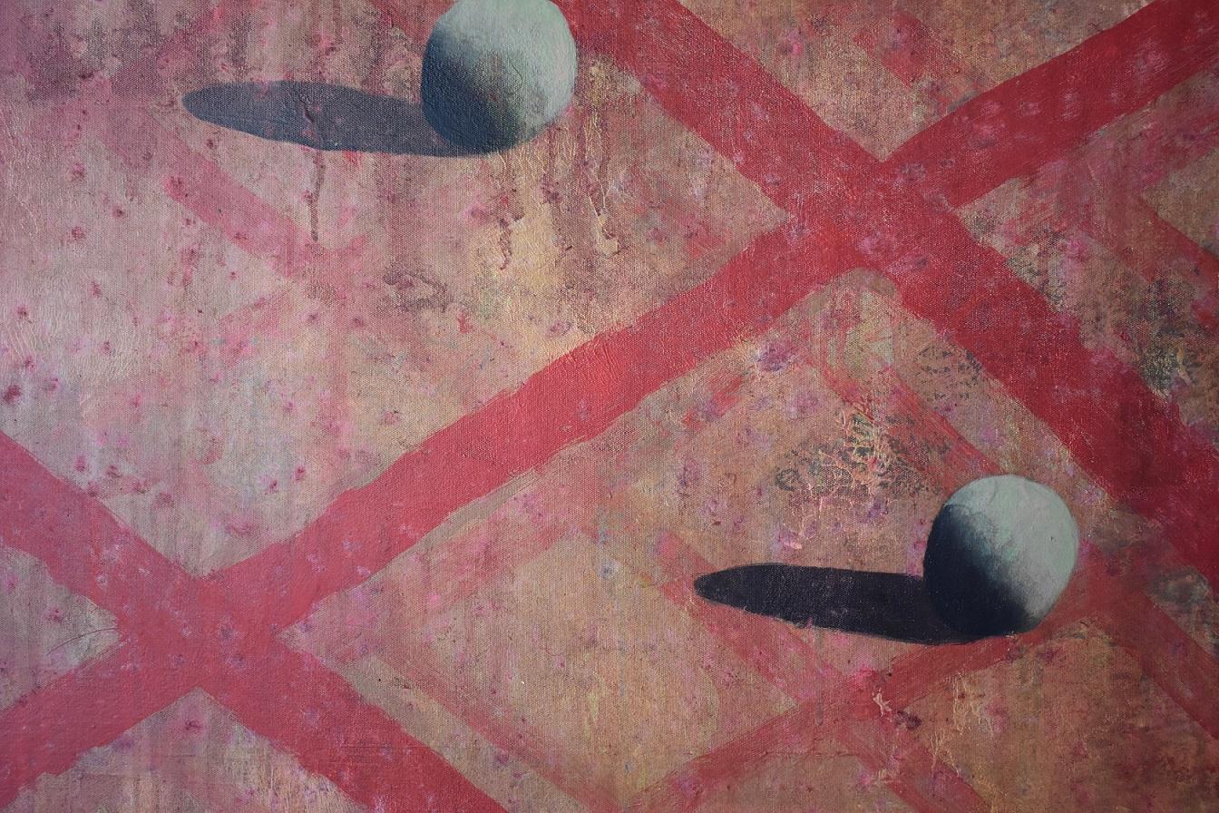 RUV de Ramon Enrich - Pintura geométrica de paisaje, tonos rojos, paisaje urbano, sombra en venta 2
