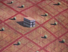 RUV de Ramon Enrich - Pintura geométrica de paisaje, tonos rojos, paisaje urbano, sombra