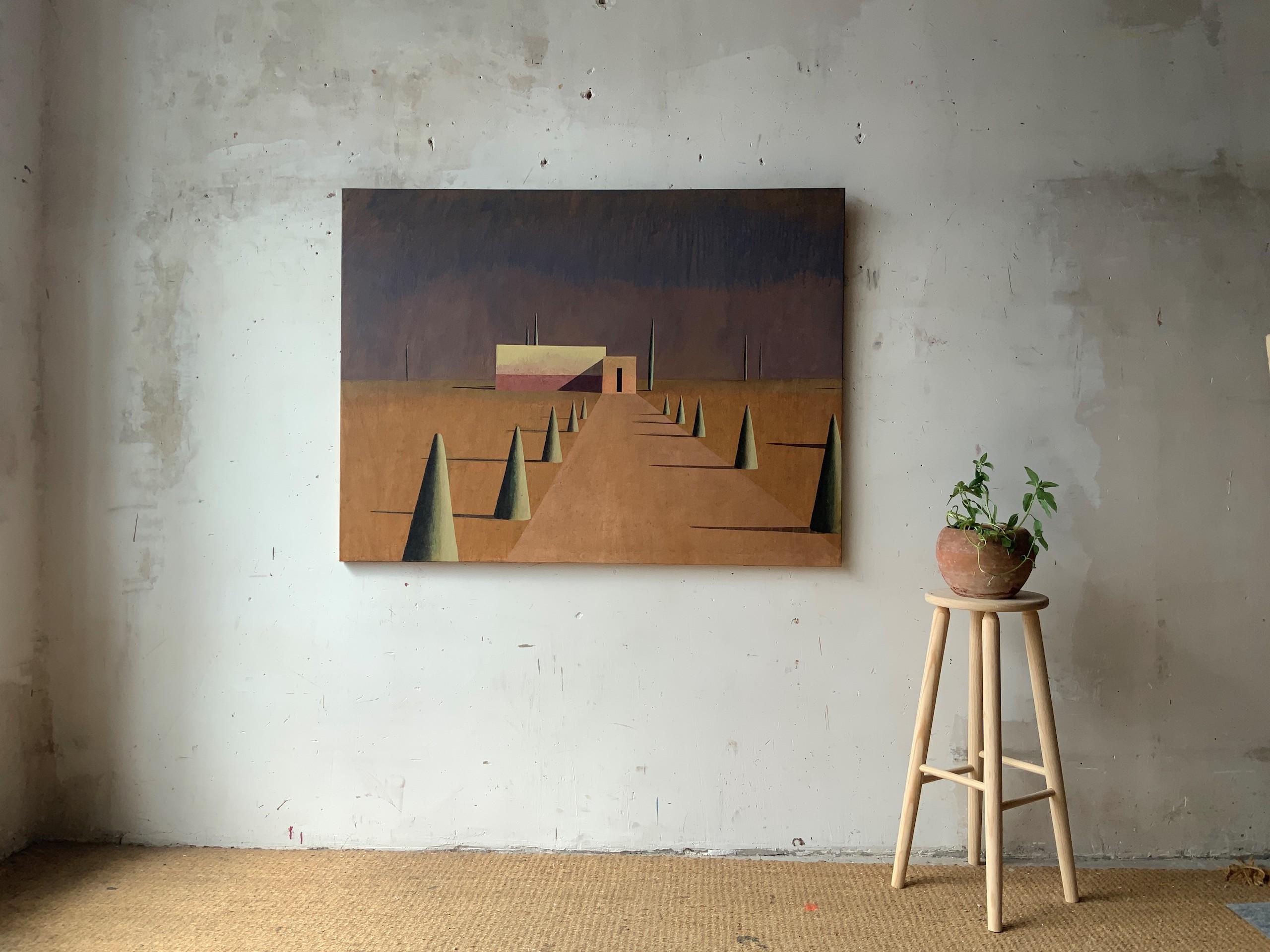 SREP von Ramon Enrich – Geometrische Landschaftsmalerei, Architektur, Erdtöne im Angebot 1