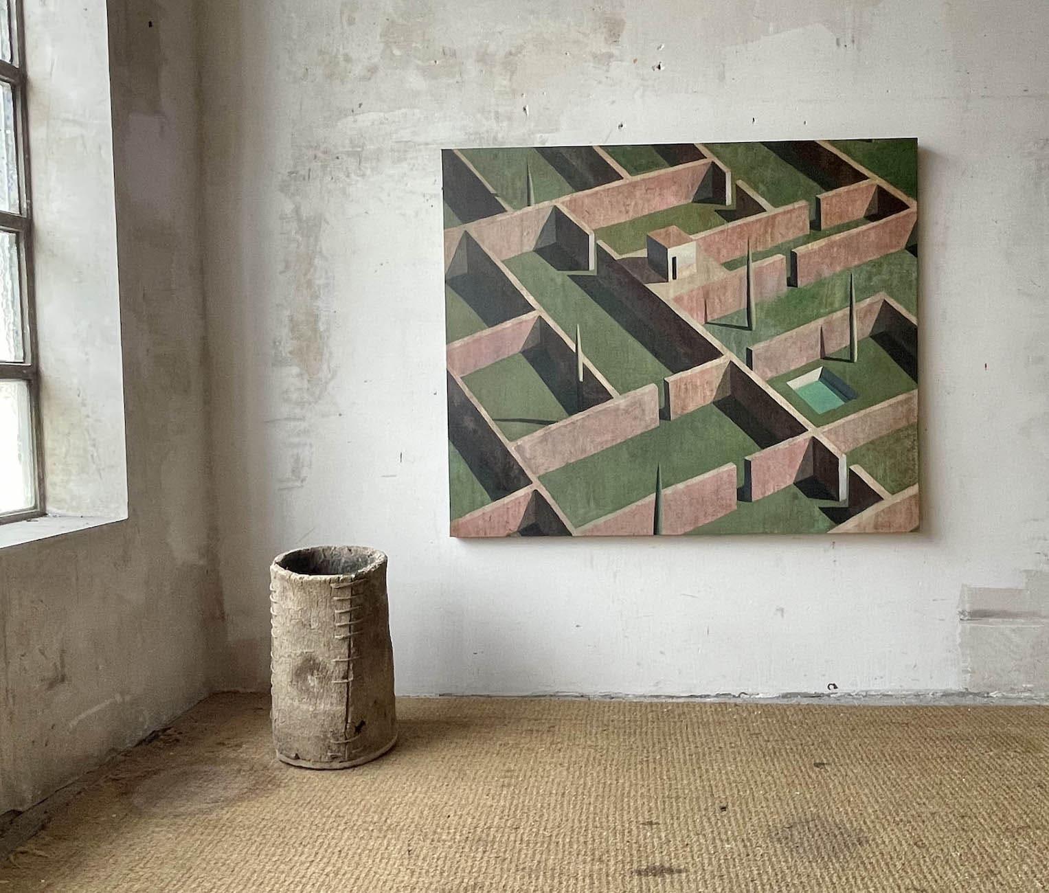 TIUCRIC par Ramon Enrich - Peinture géométrique contemporaine de paysage, vert, rose en vente 1