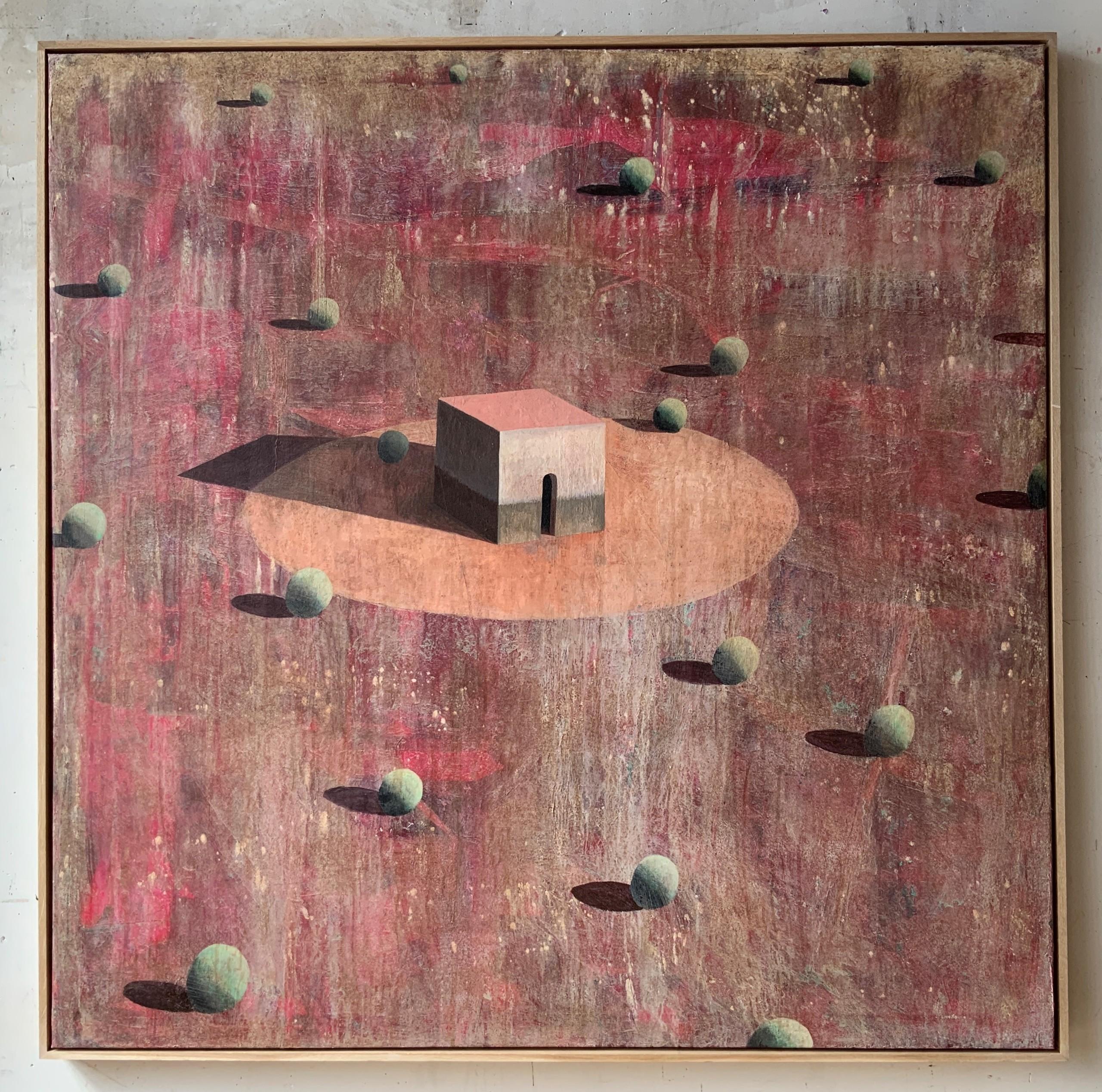 TORRUB by Ramon Enrich - Geometric landscape painting, red tones, architecture For Sale 1