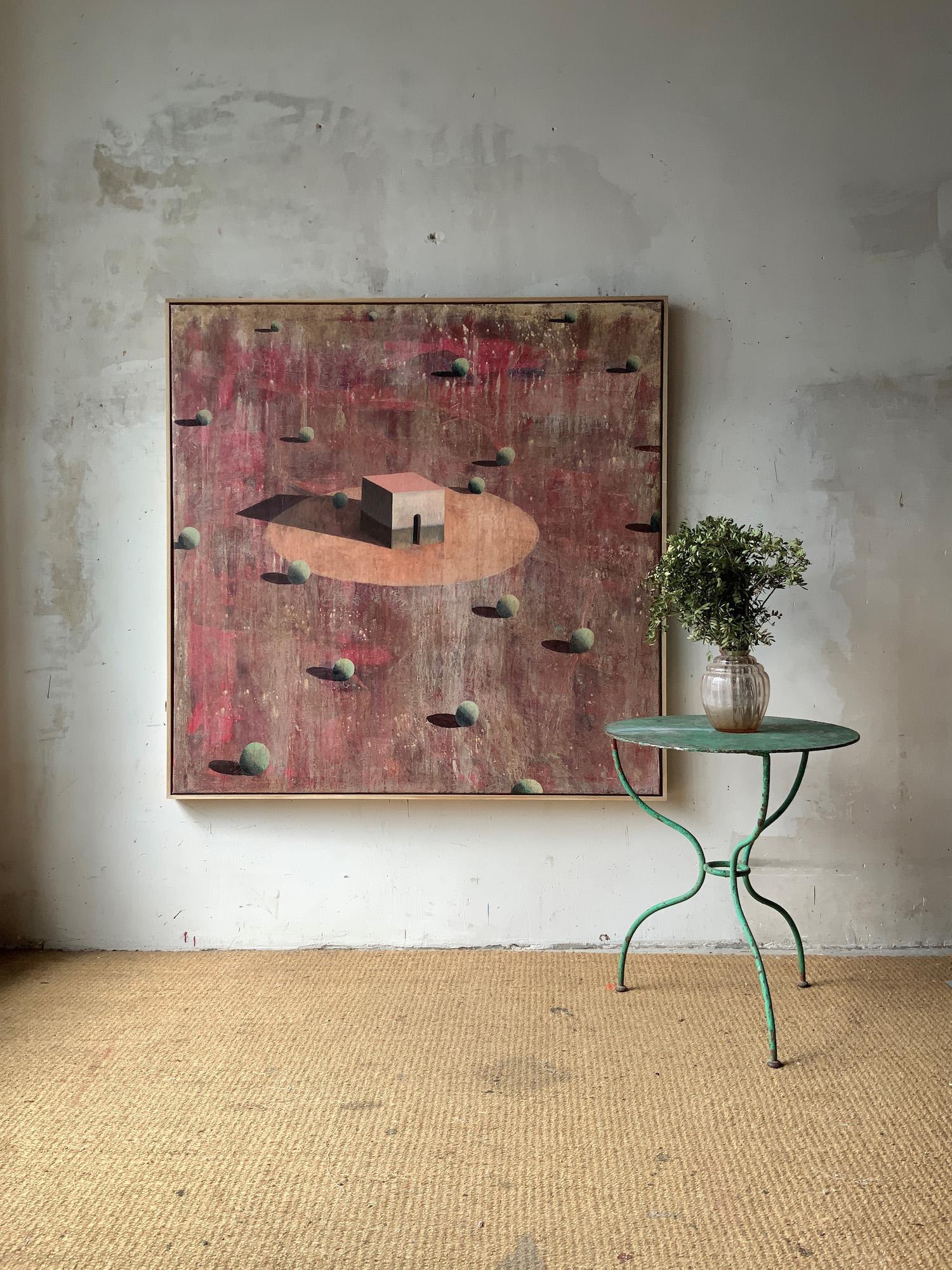 TORRUB by Ramon Enrich - Geometric landscape painting, red tones, architecture For Sale 2