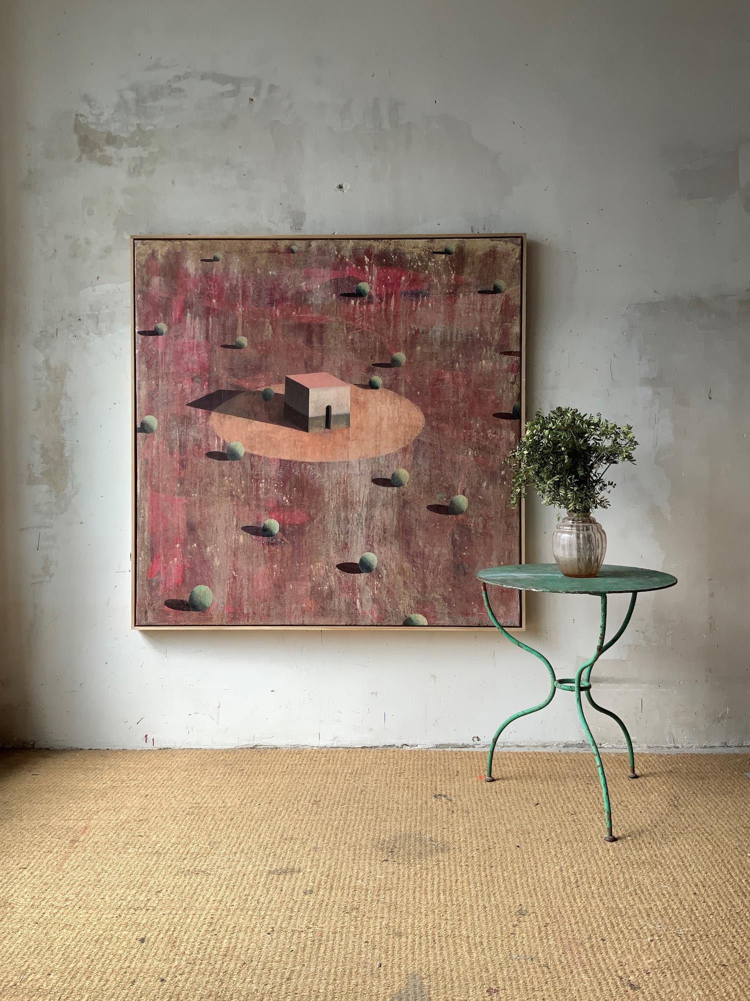 TORRUB by Ramon Enrich - Geometric landscape painting, red tones, architecture en vente 2